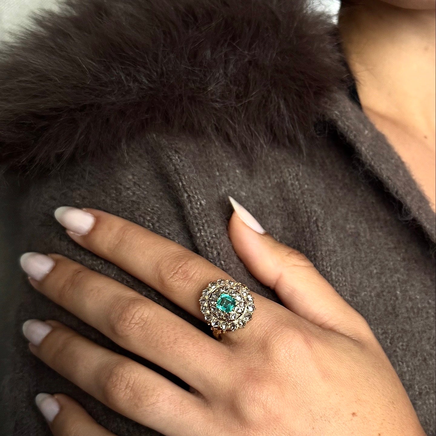 Antique Early Victorian 18k Rose Cut Diamonds & Emerald Ring