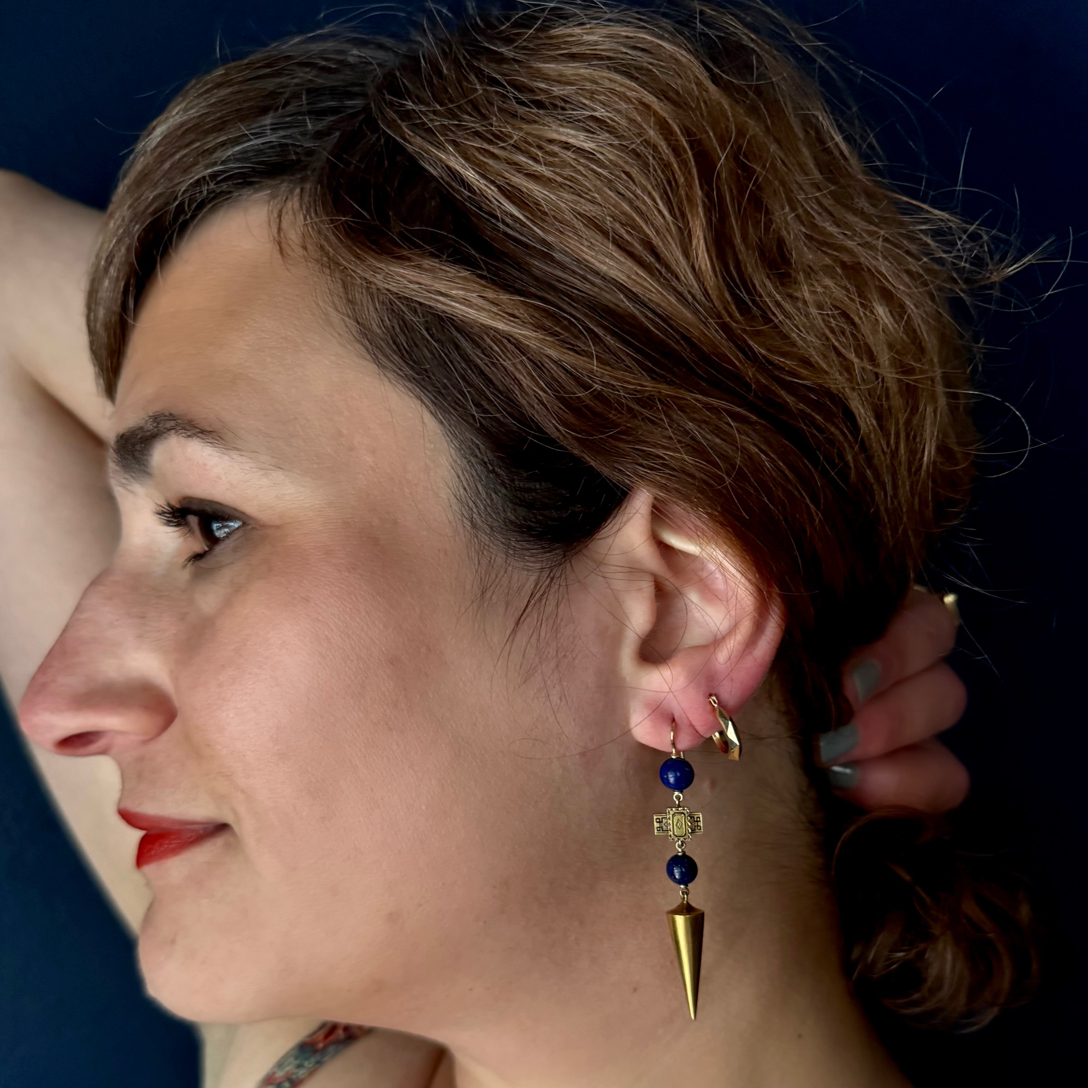 Antique Victorian 14k Gold Lapis Enamel Long Earrings