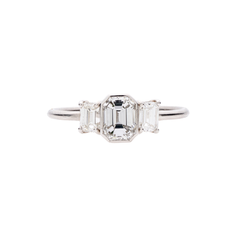 Tura Sugden Platinum Engagement Ring w/Antique Emerald-Cut Diamond & Two Step-Cut Side Diamonds - 1.21ctw
