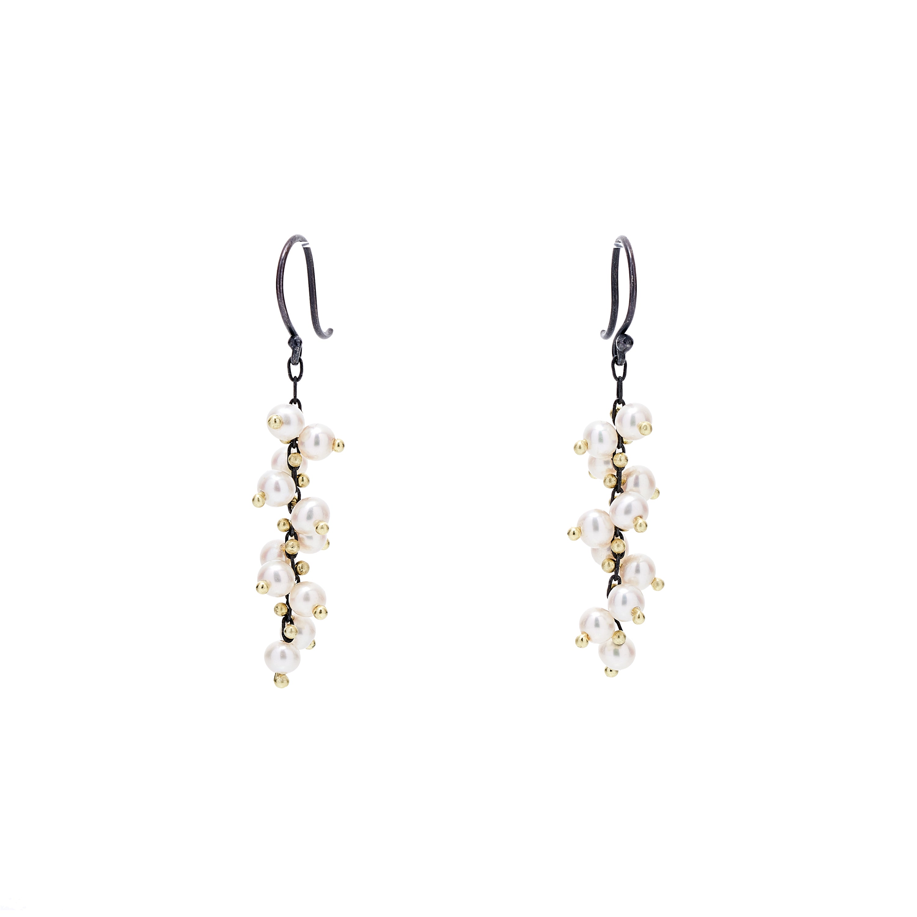 TenThousandThings 18k Beaded Short Spiral White Pearls on Oxidized Silver Earrings