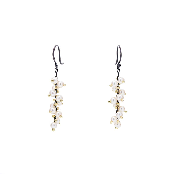 TenThousandThings 18k Beaded Short Spiral White Pearls on Black Earrings