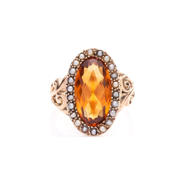 Antique Victorian 12k Oval Buff Cut Citrine w/ Nat Seed Pearls Ring