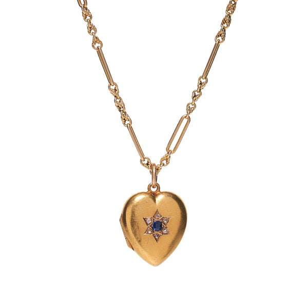 Antique Victorian 15k Sapphire & Rose Cut Diamonds Star Heart Locket Pendant