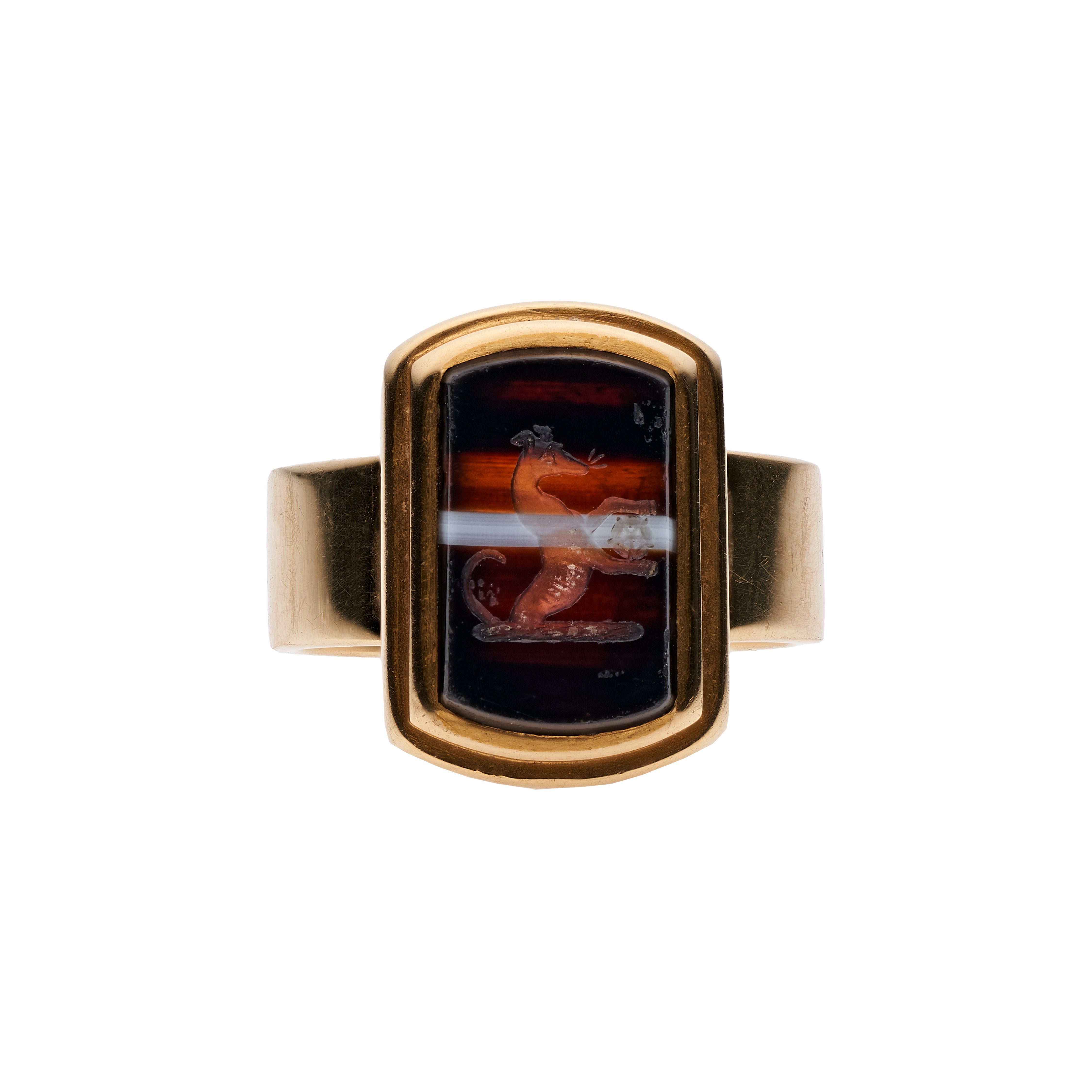 Antique Victorian 15k Intaglio Greyhound & Tudor Rose Mourning Ring