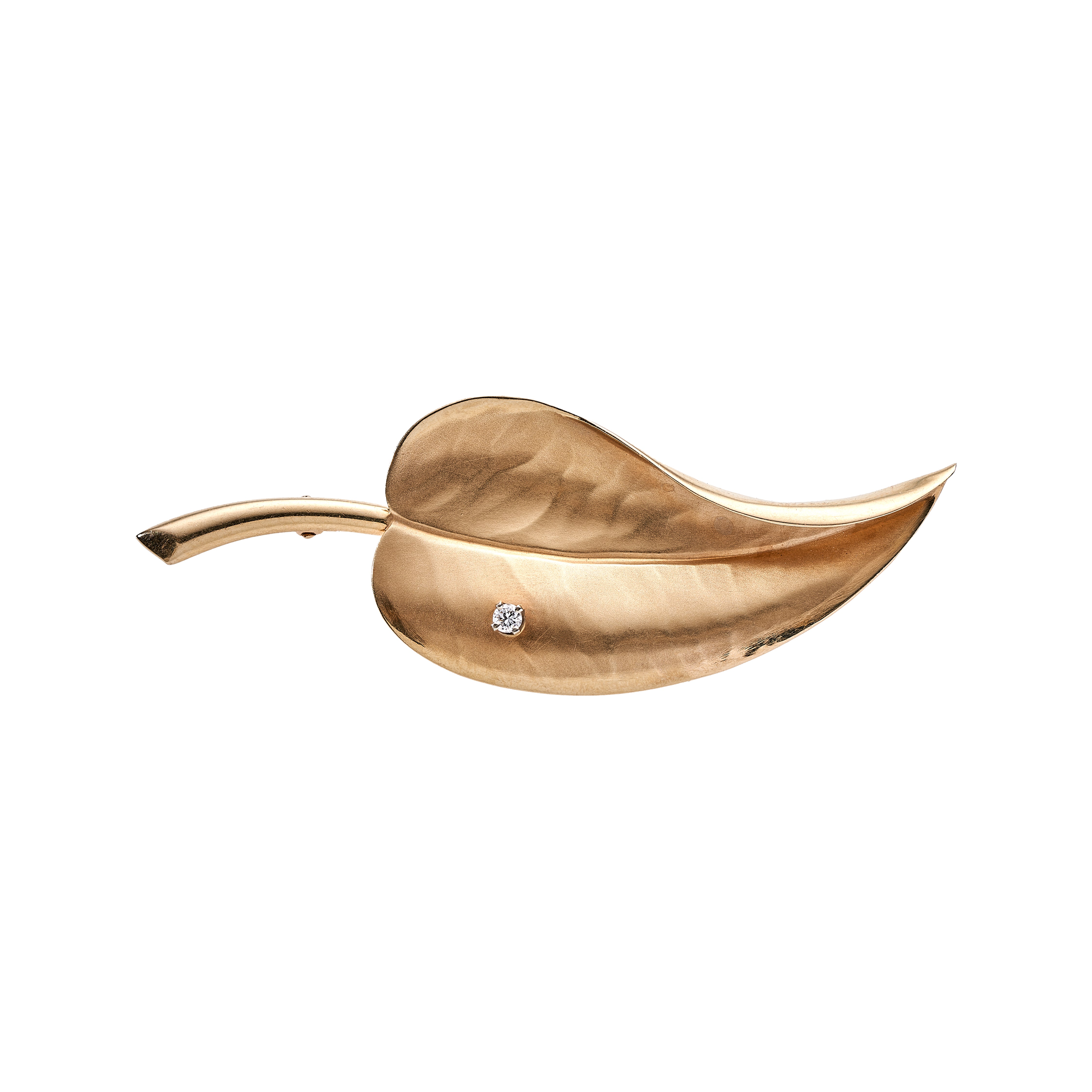Vintage 14k Gold Leaf With Diamond Brooch