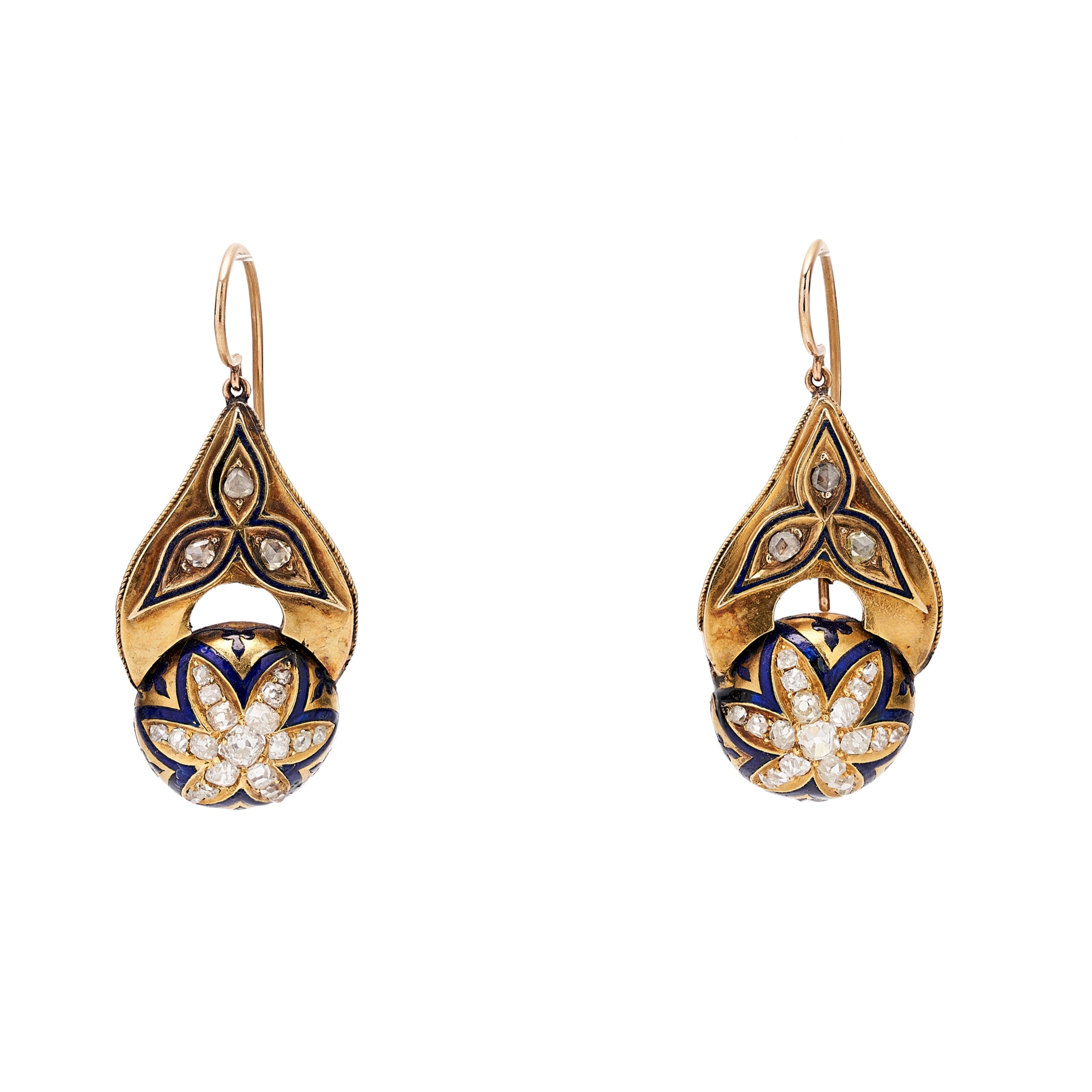 Antique Victorian 14k Diamond Star Motif w/ Blue Enamel Earrings