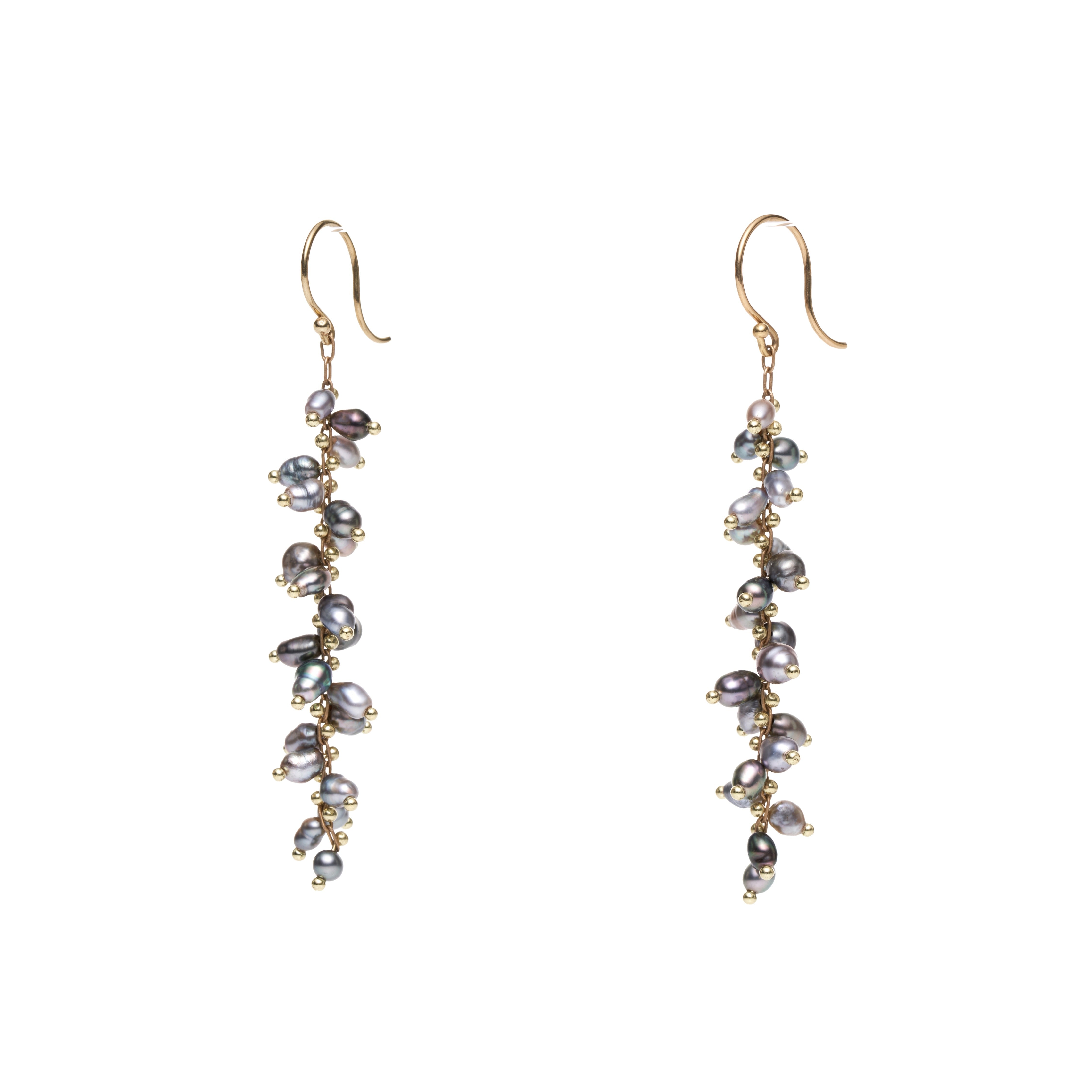 TenThousandThings 18k Beaded Long Spiral Black Tahitian Pearl Earrings