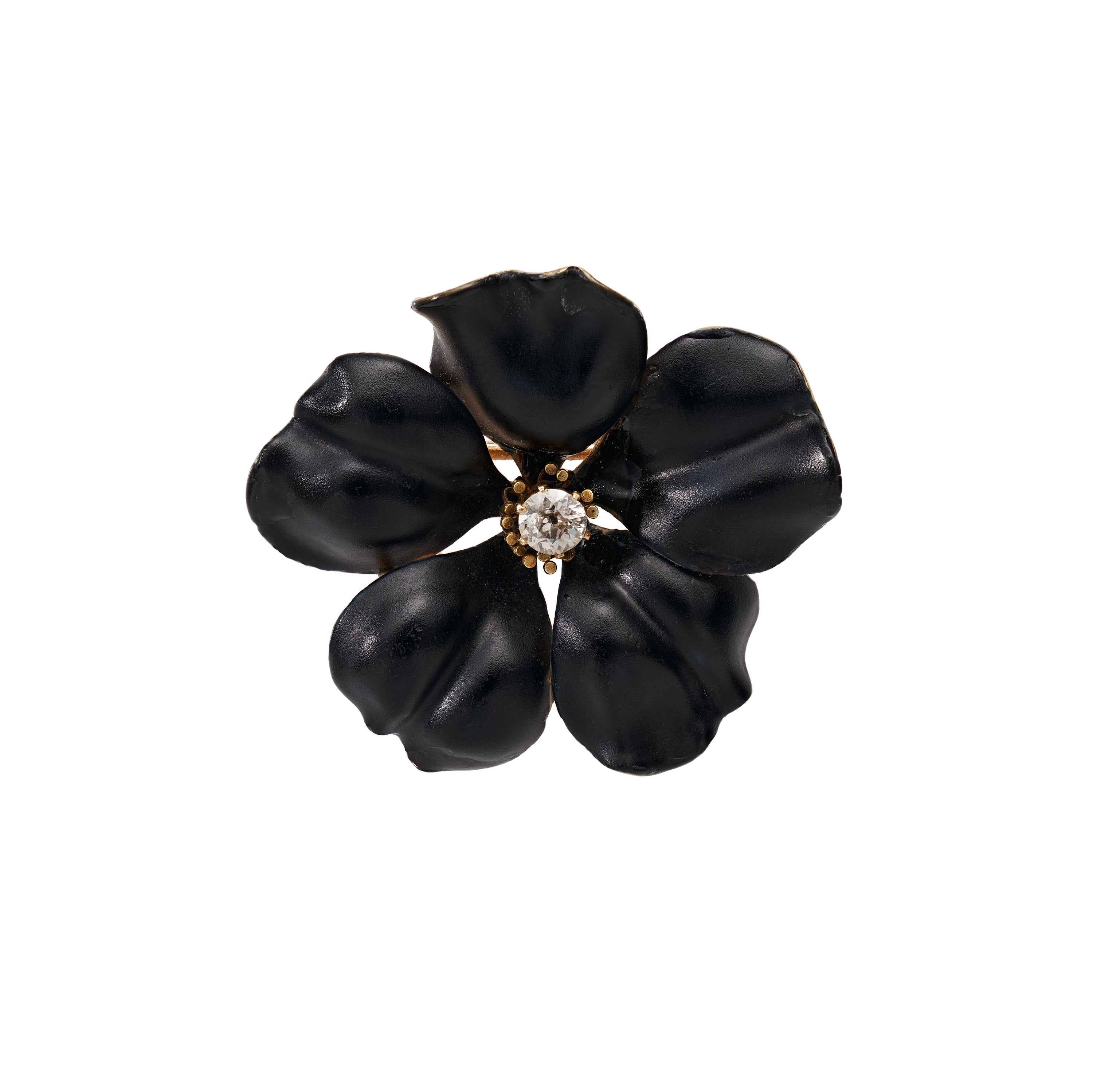 Antique Victorian Large 14k Black Enamel Flower and Diamond Pin