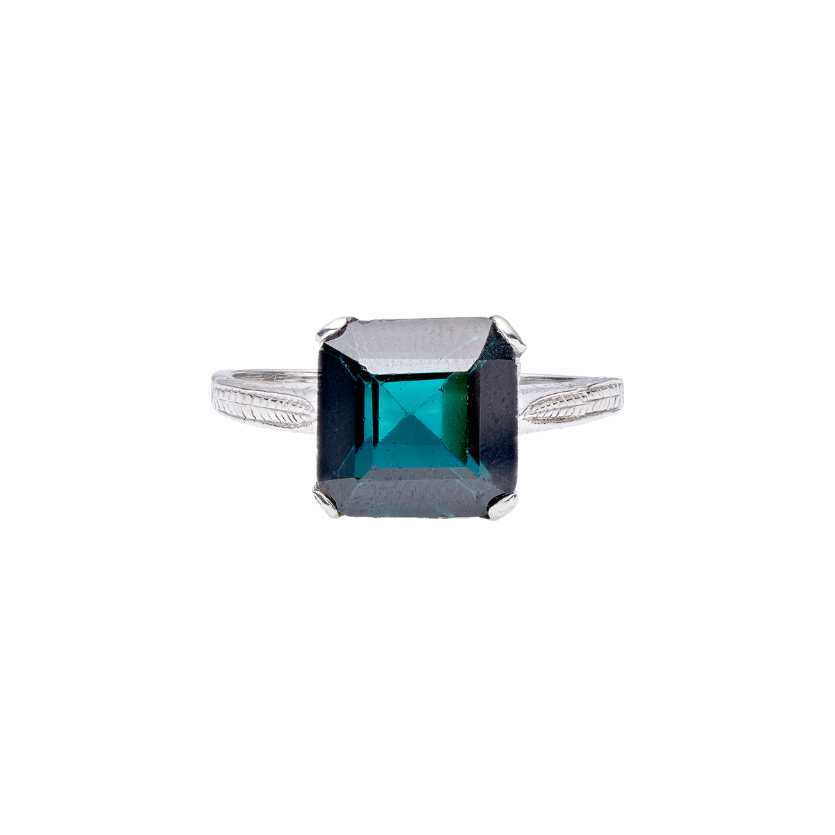 Antique 1930's 18k White Gold Step Cut Deep Green Tourmaline Ring