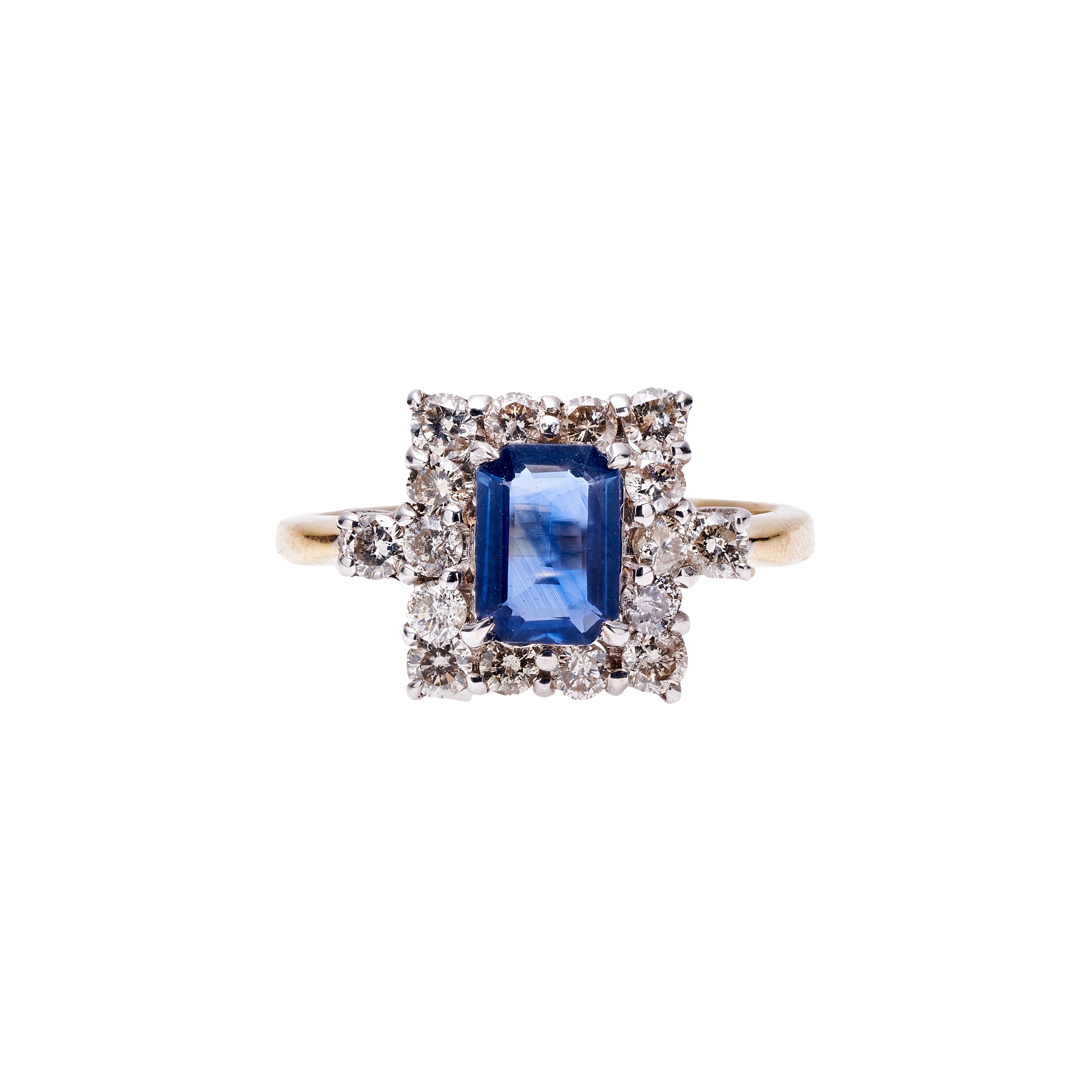 Antique Edwardian 15k Emerald Cut Ceylon Sapphire & Diamond Ring