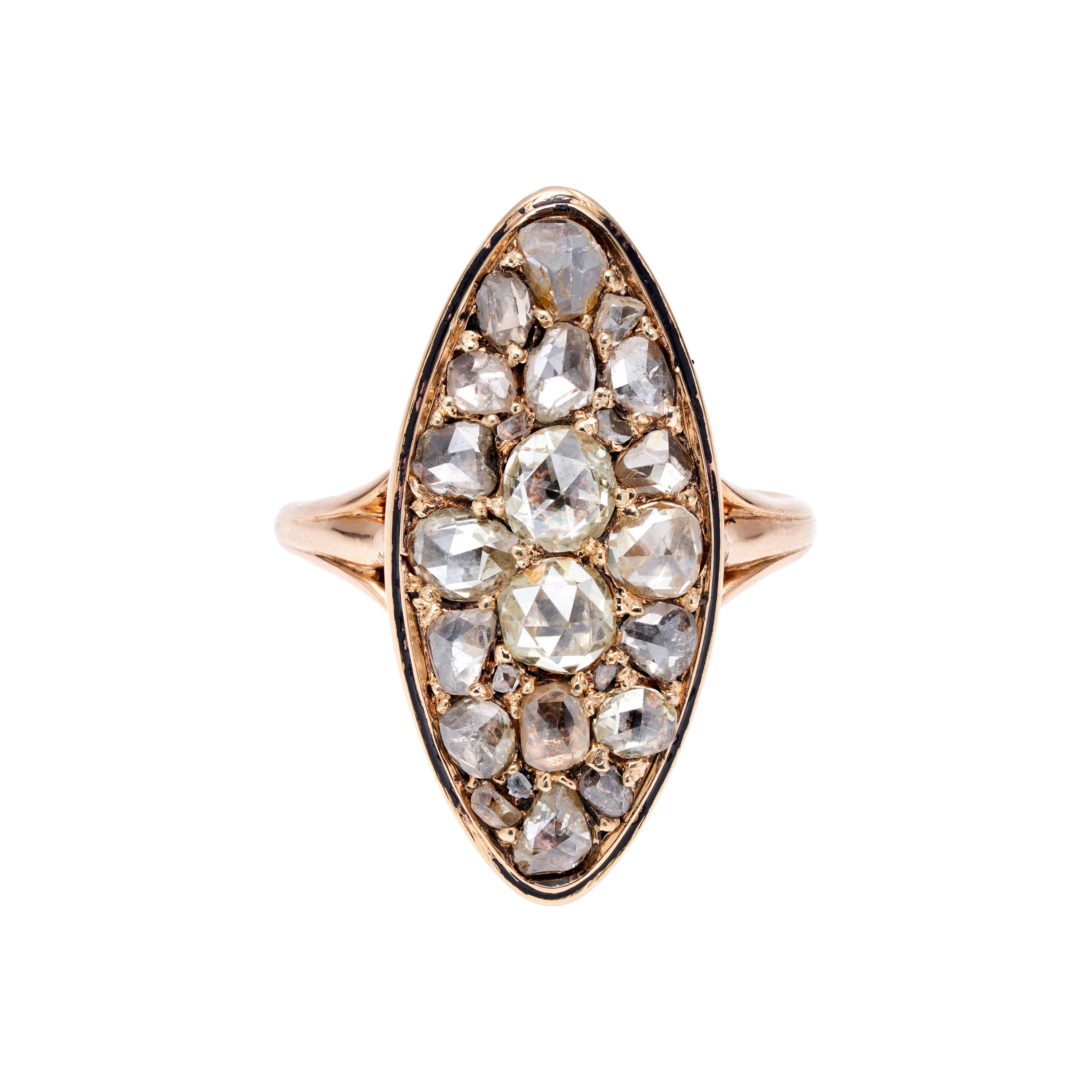 Antique French Romantic 18k Rose Cut Diamond Navette Ring