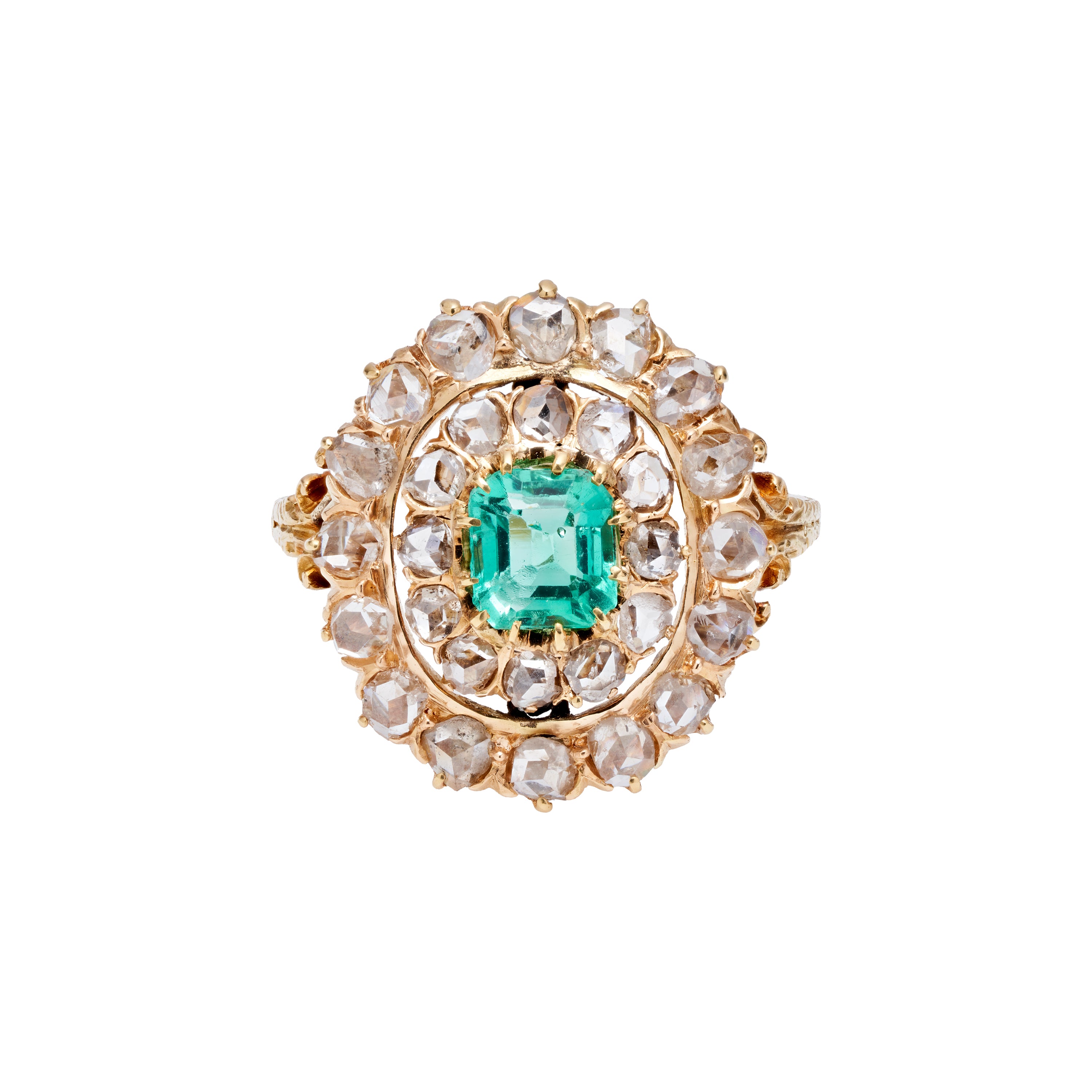 Antique Early Victorian 18k Rose Cut Diamonds & Emerald Ring