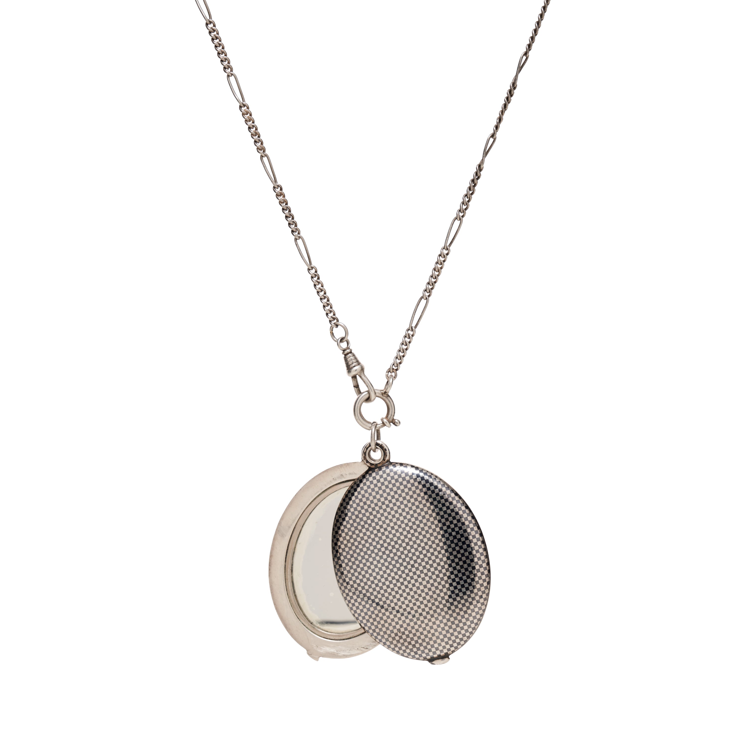 Antique Victorian Niello Sterling Silver Checkerboard Slide Mirror Locket Pendant