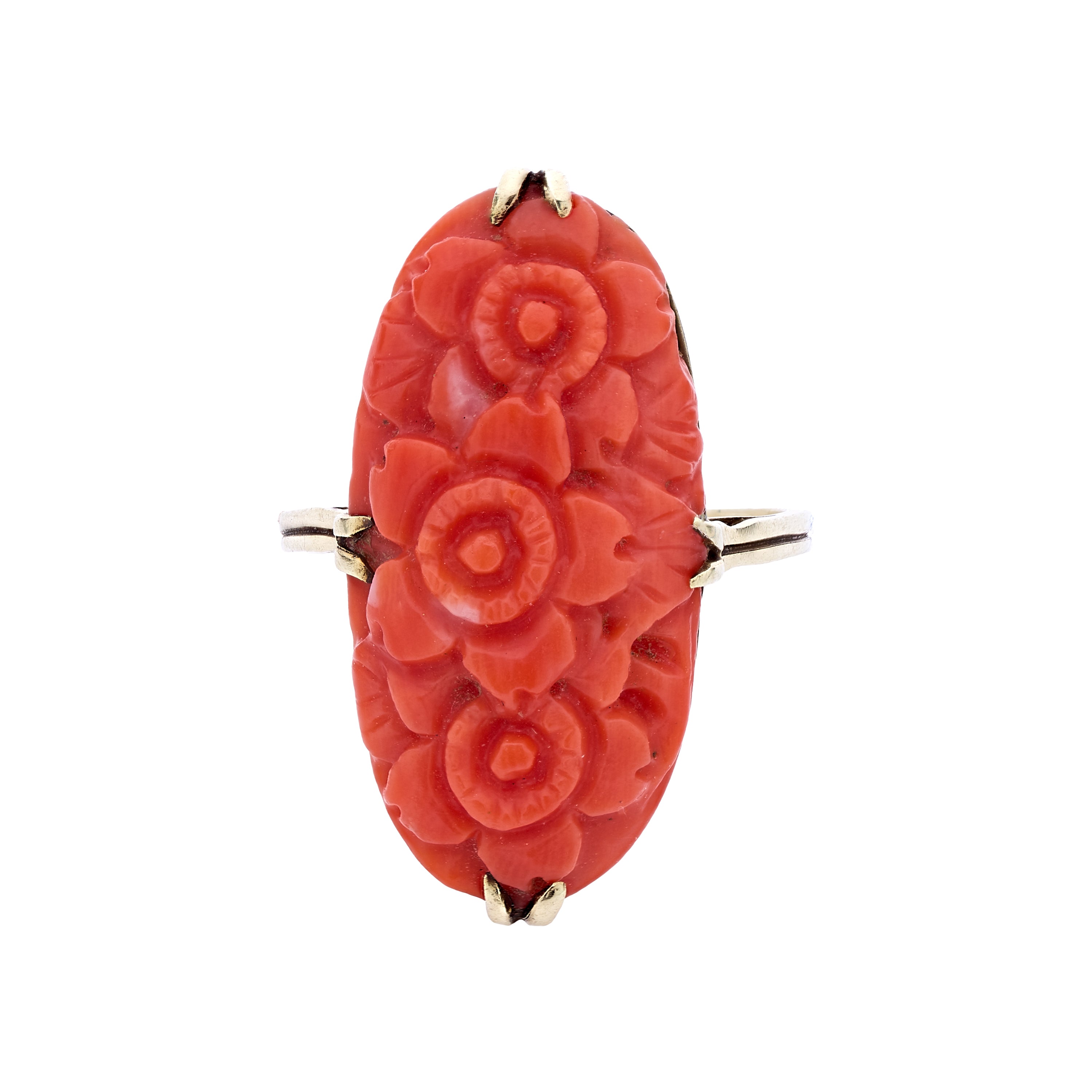 Antique Art Deco 14k Carved Floral Coral Ring