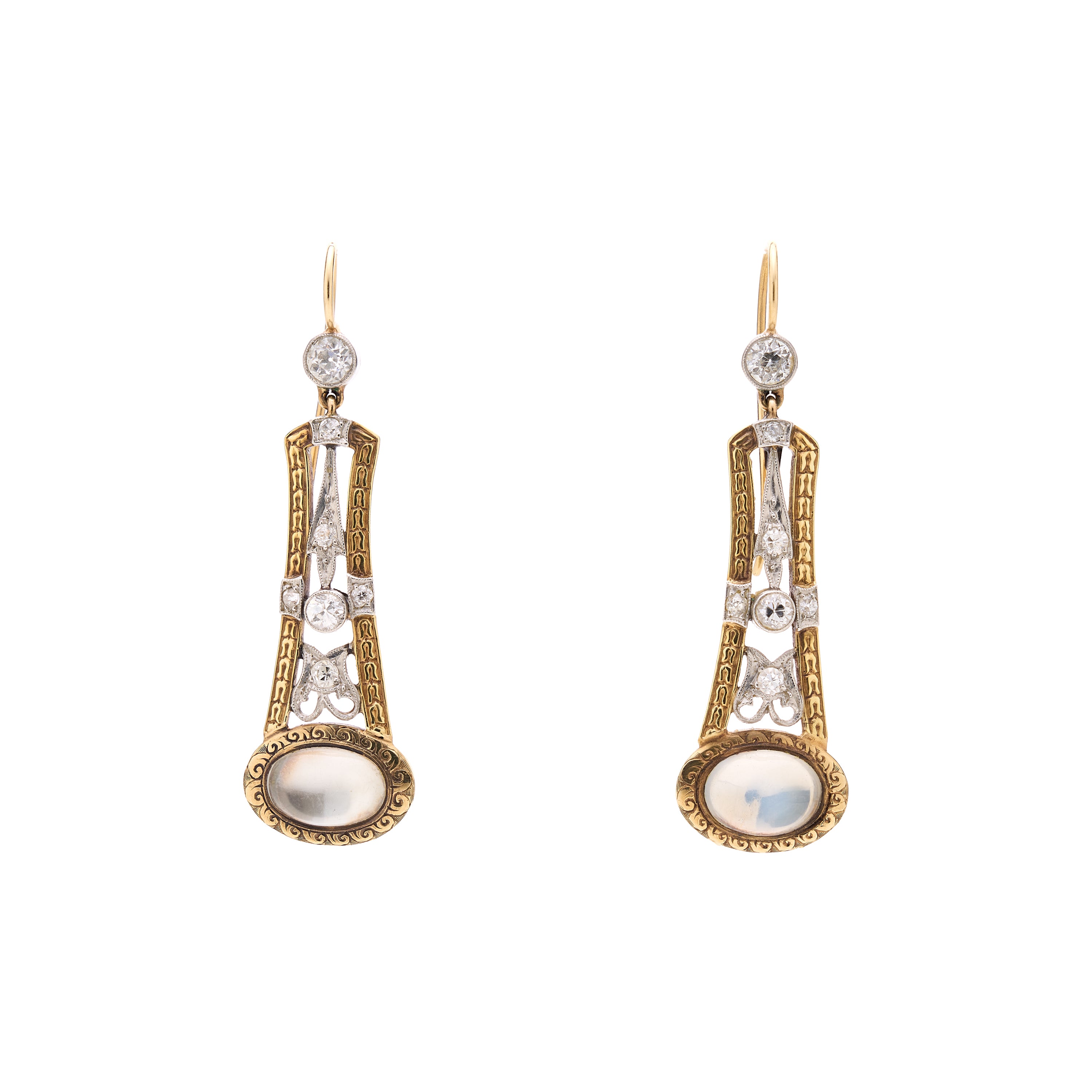 Antique Edwardian Two-Tone 14k Moonstone & Diamond Earrings