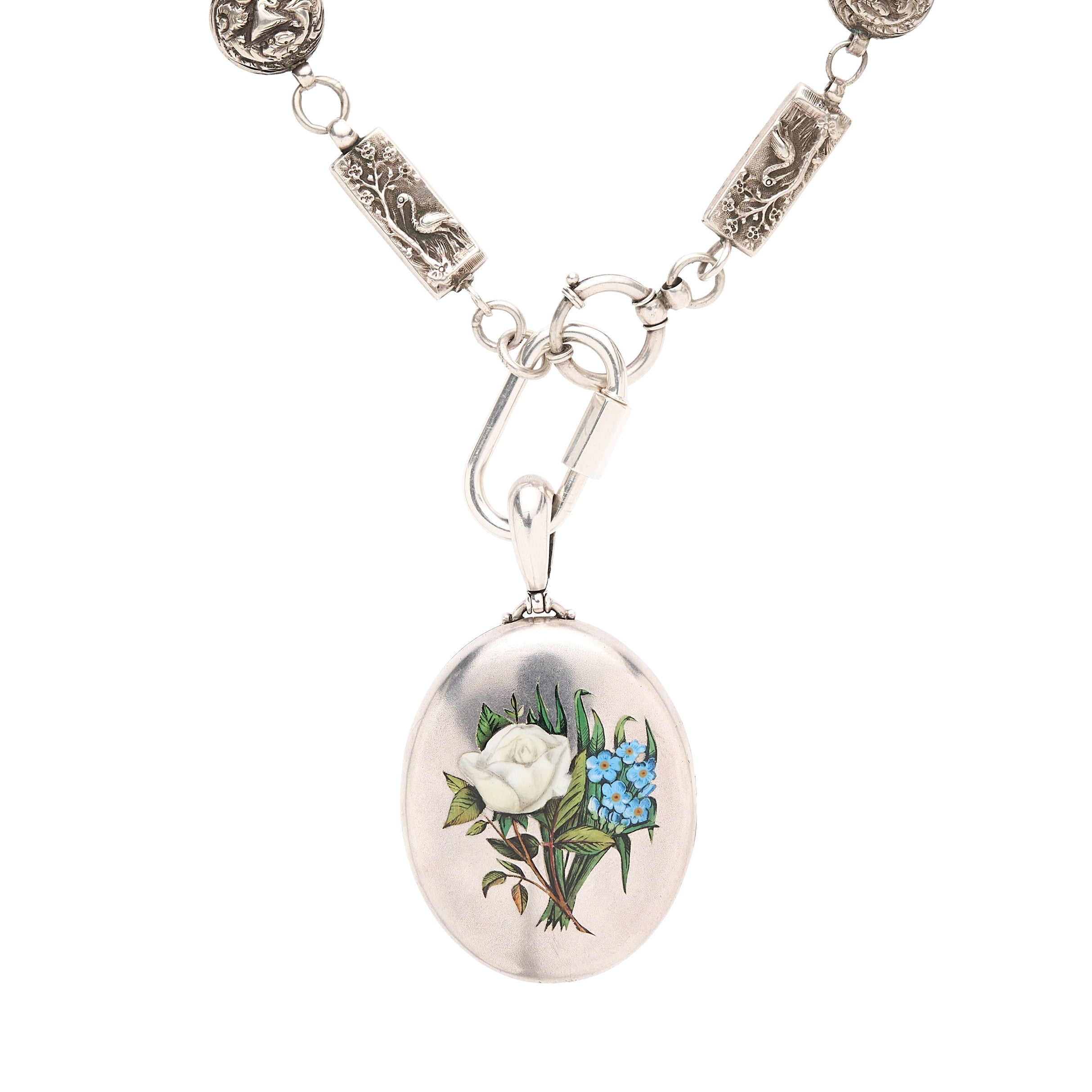 Antique Victorian Silver White Rose & Forget-Me-Knot Locket Pendant
