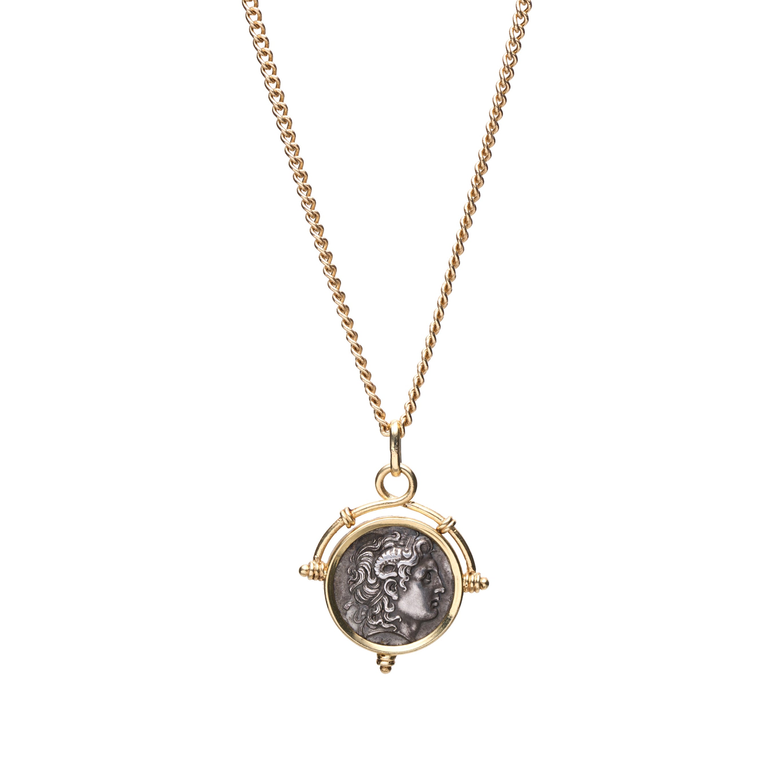 Silver Greek Coin Pendant Set in 18k Mid-Century Setting
