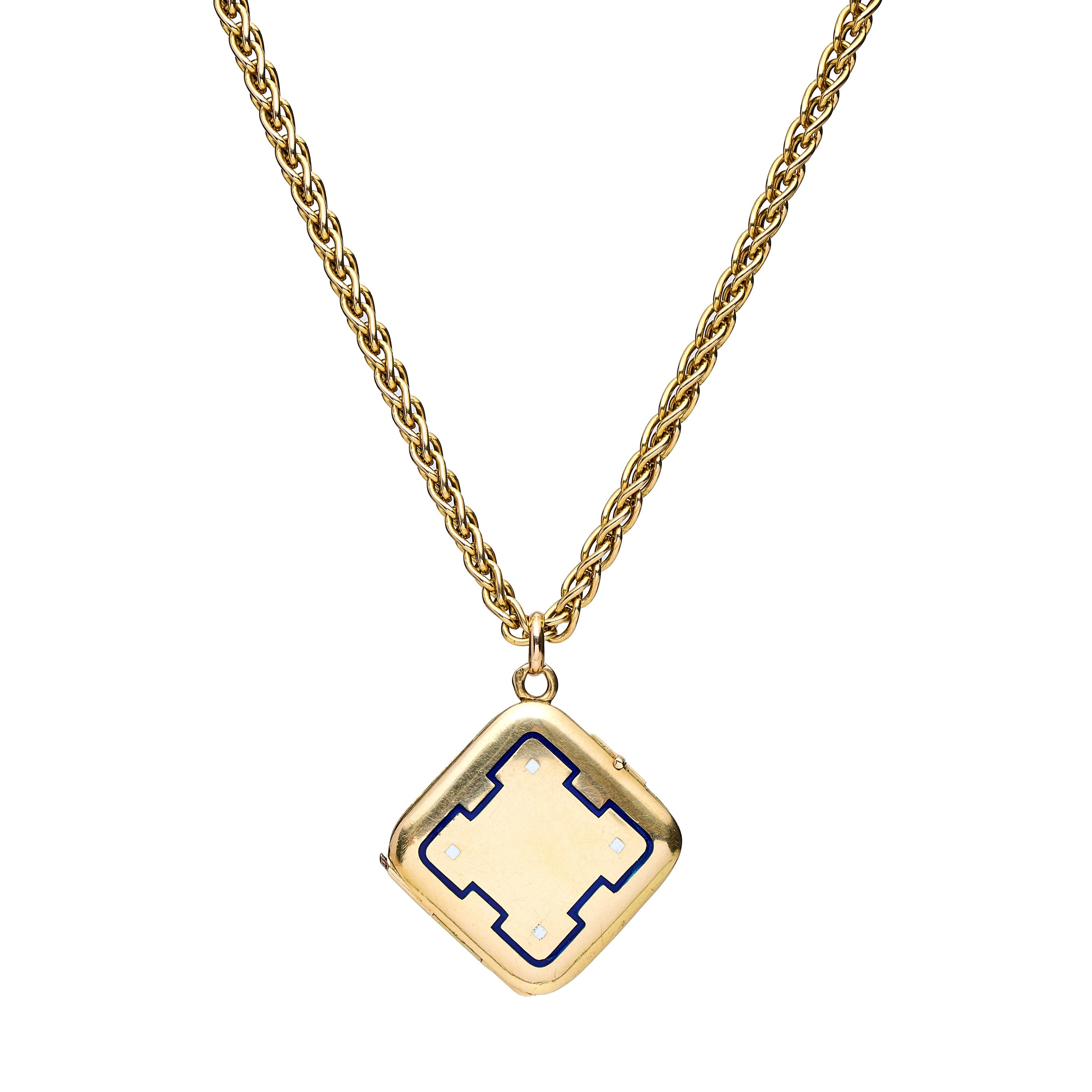 Antique Art Deco 14k Square Locket Pendant w/ Enamel