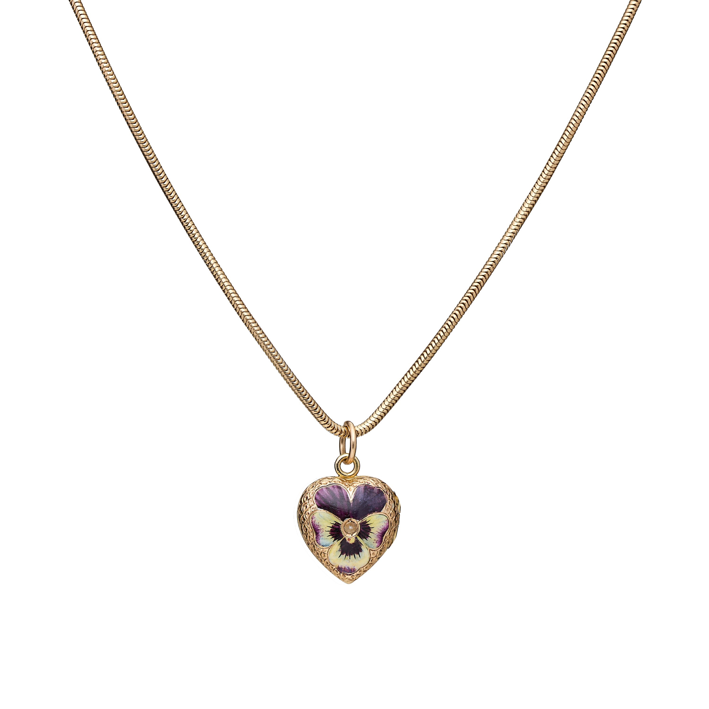 Antique Victorian 15k Enameled Pansy Heart Locket with Pearl