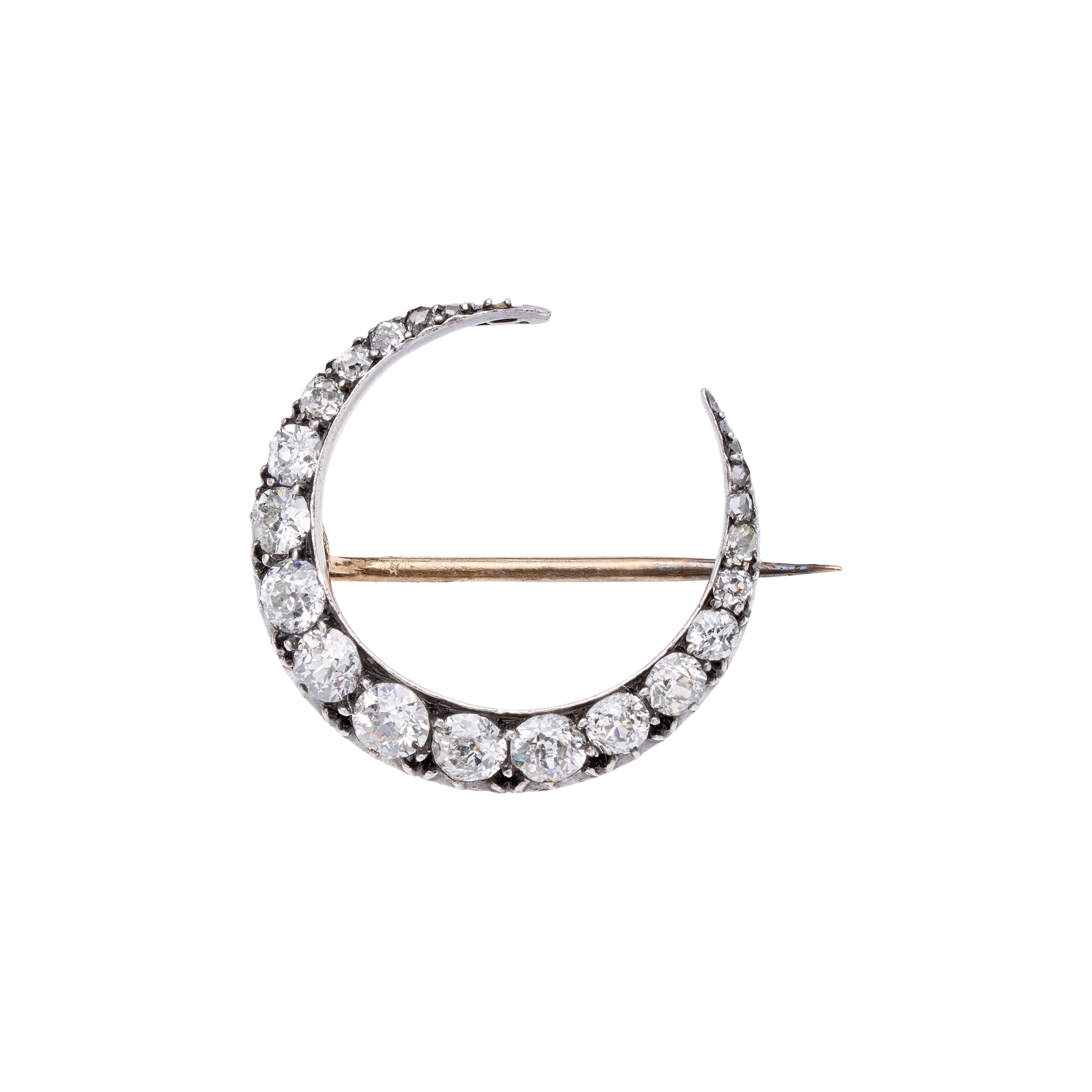 Antique Victorian 9k and Silver Set Diamond Crescent Moon Pin