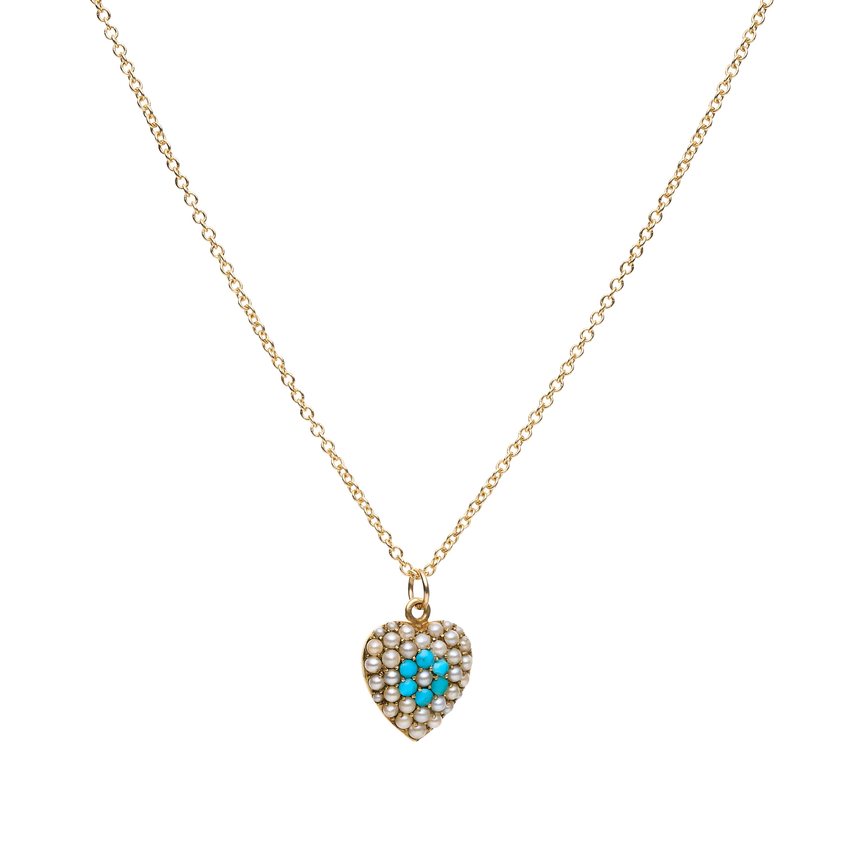 Antique Victorian 15k Turquoise & Natural Pearl Heart Pendant