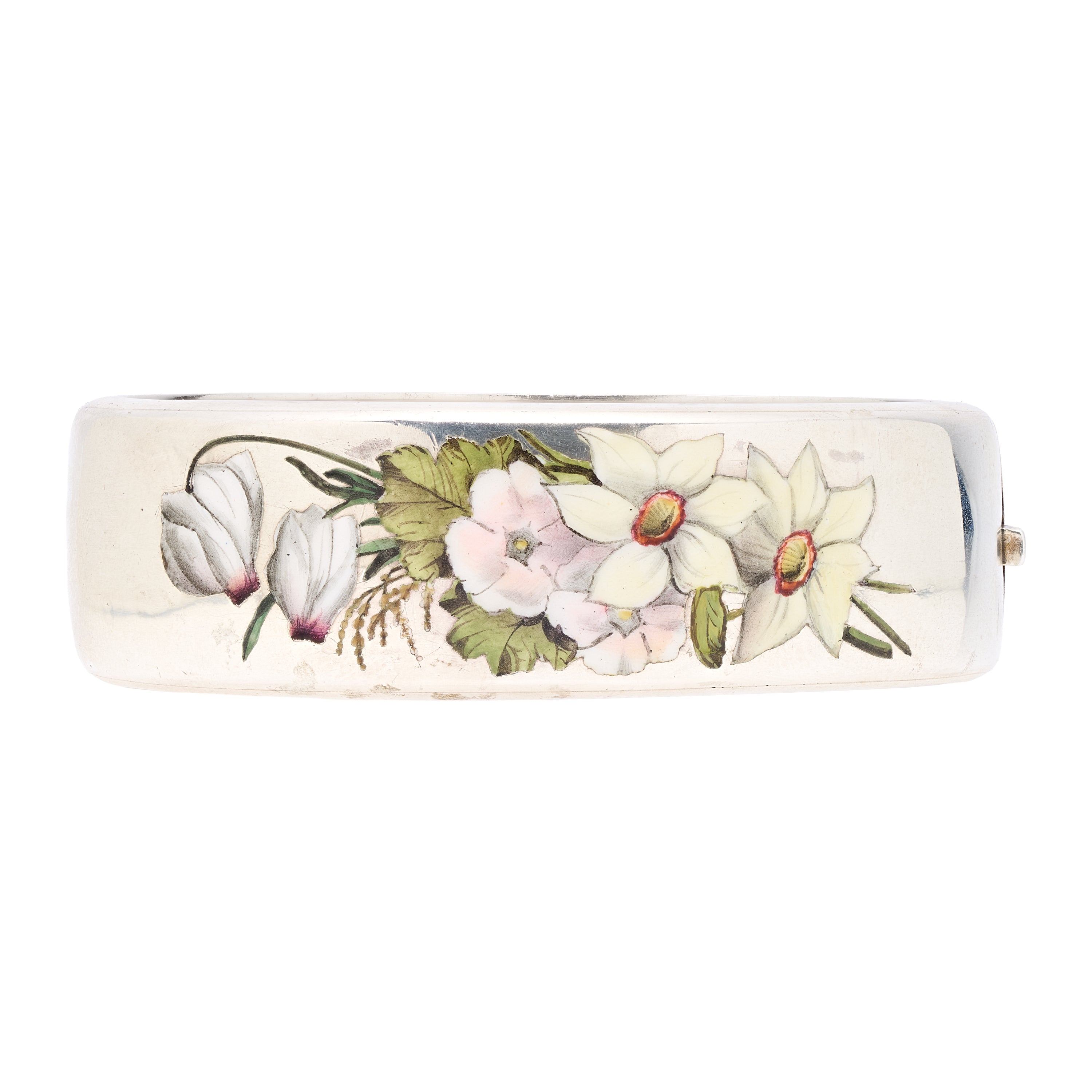 Antique Victorian Sterling Silver Floral Enamel Bangle Bracelet