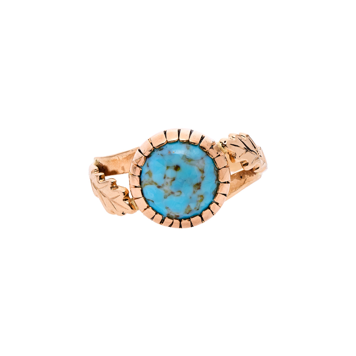 Vintage Arts & Craft 14k Round Turquoise Cabochon Ring w/Oak Leaves