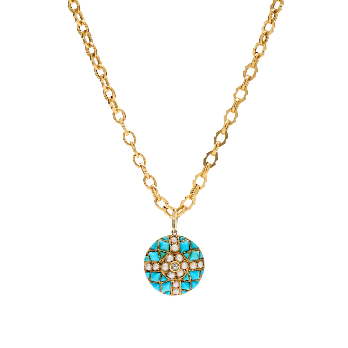 Antique Victorian 14k Turquoise, Pearl and Diamond Round Pendant