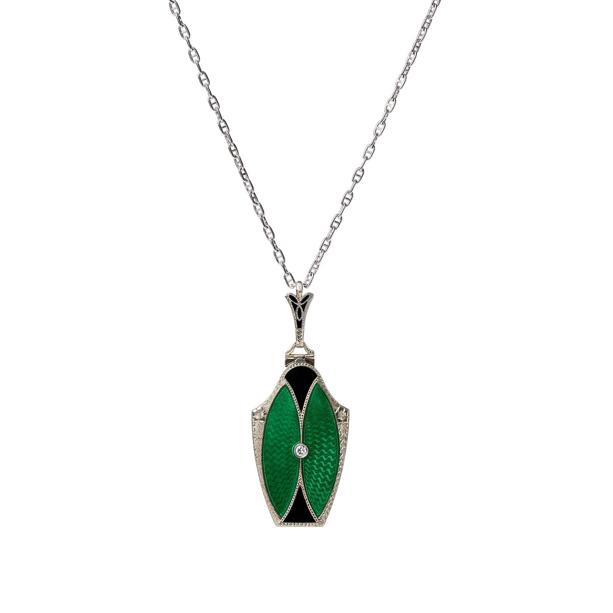 Antique Art Deco 18k White Gold, Guilloché and Black Enamel Diamond Locket
