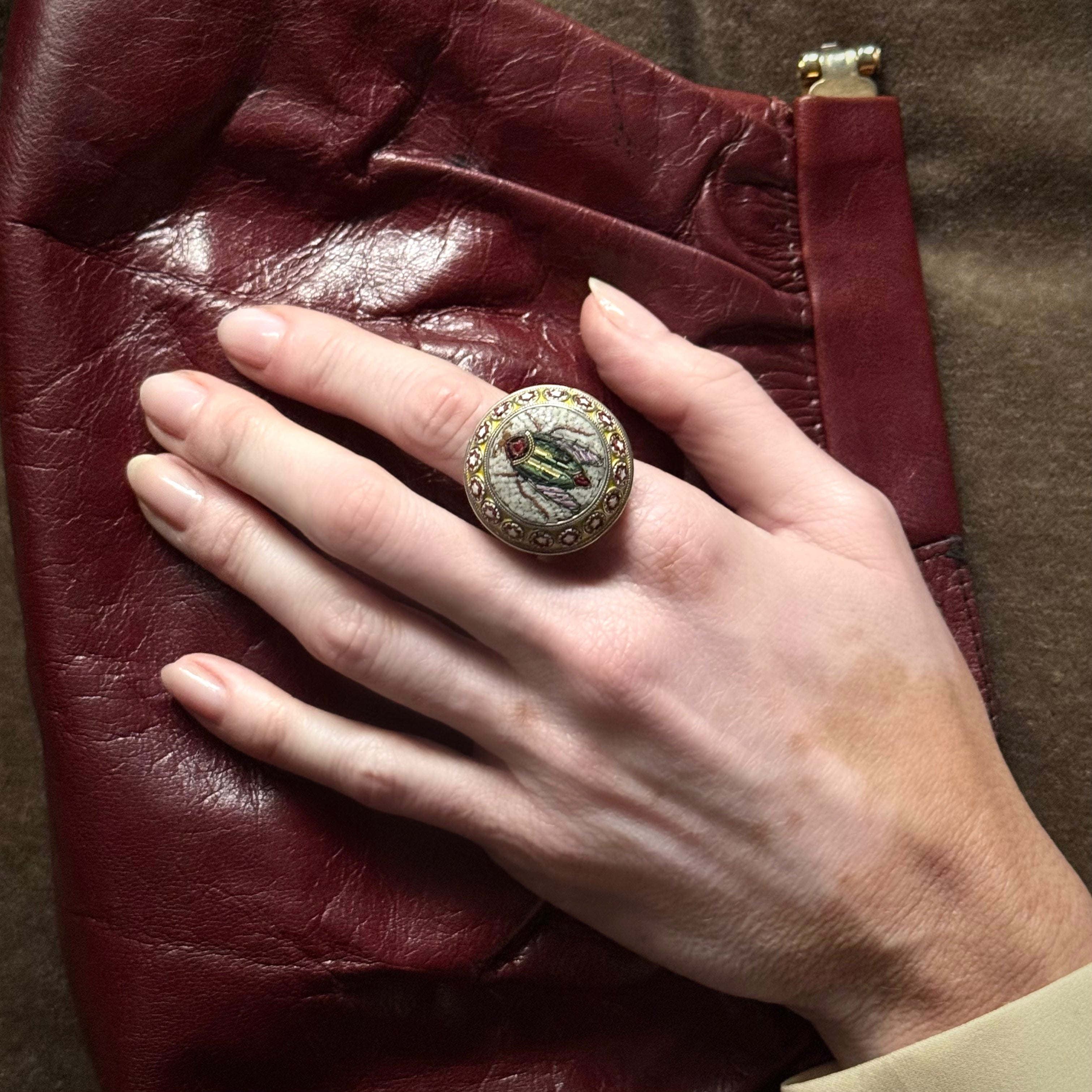 Antique Victorian 14k/Silver Beetle Micromosaic Ring