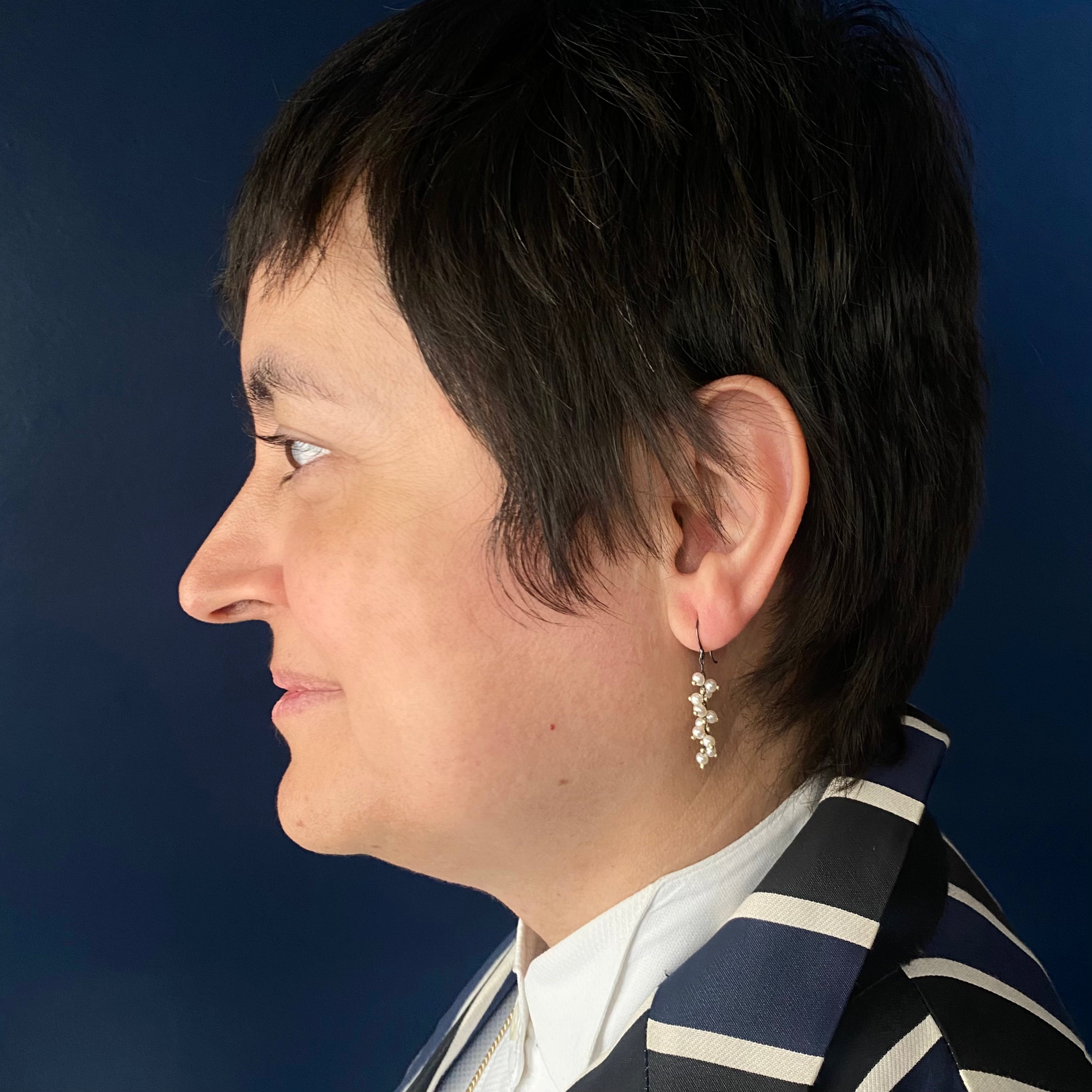 TenThousandThings 18k Beaded Short Spiral White Pearls on Oxidized Silver Earrings