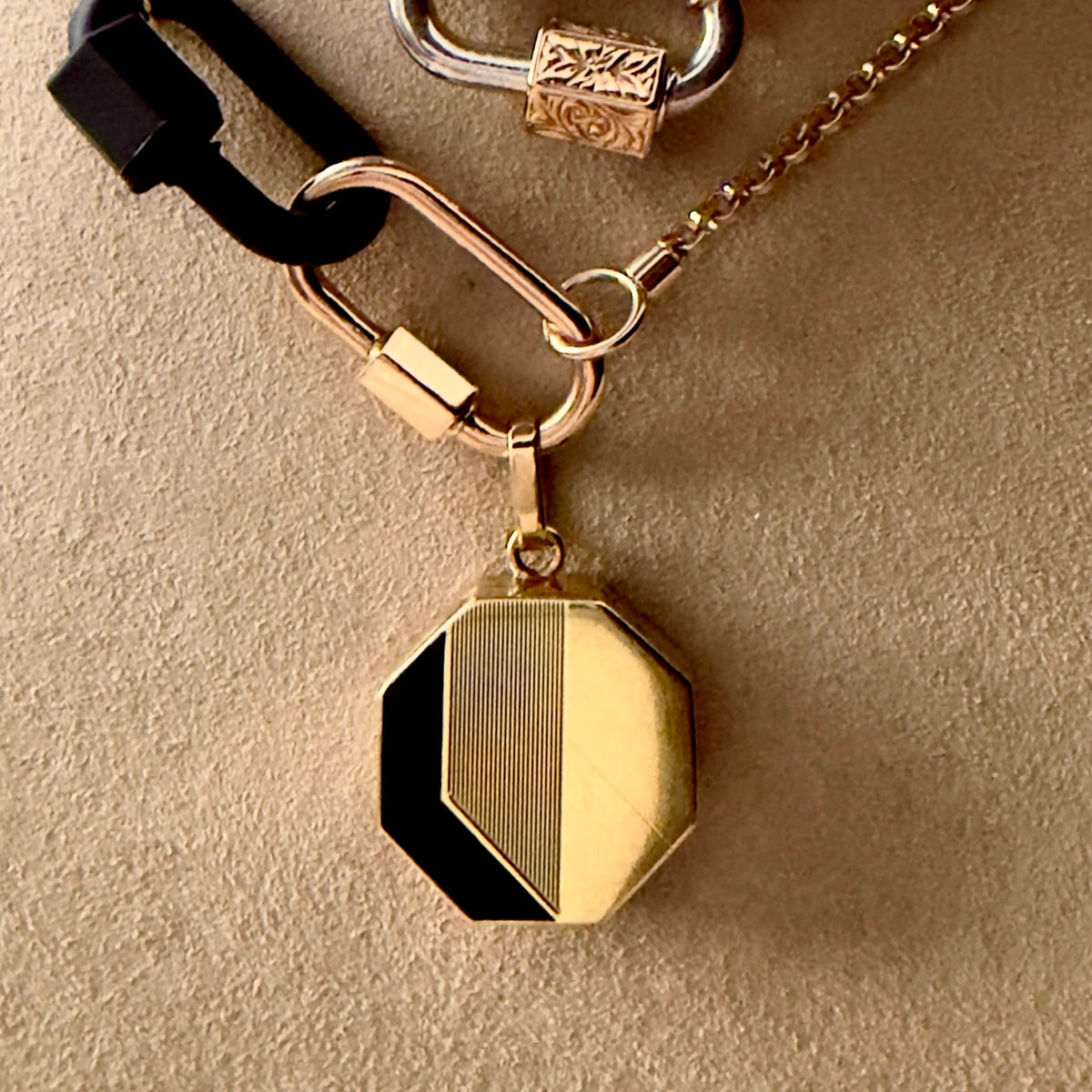 Vintage Mid-Century 14k Black Enamel/Engraved Octagon Box Locket