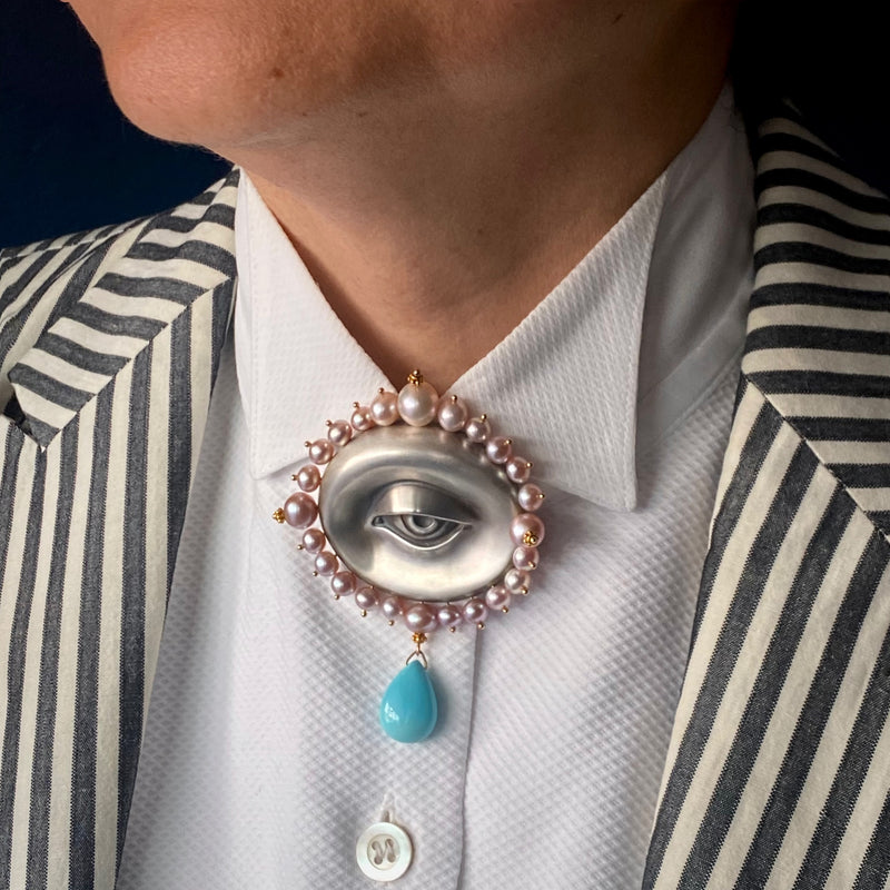 Gabriella Kiss Silver/14k Eye w/ Pink Pearls & Turquoise Brooch
