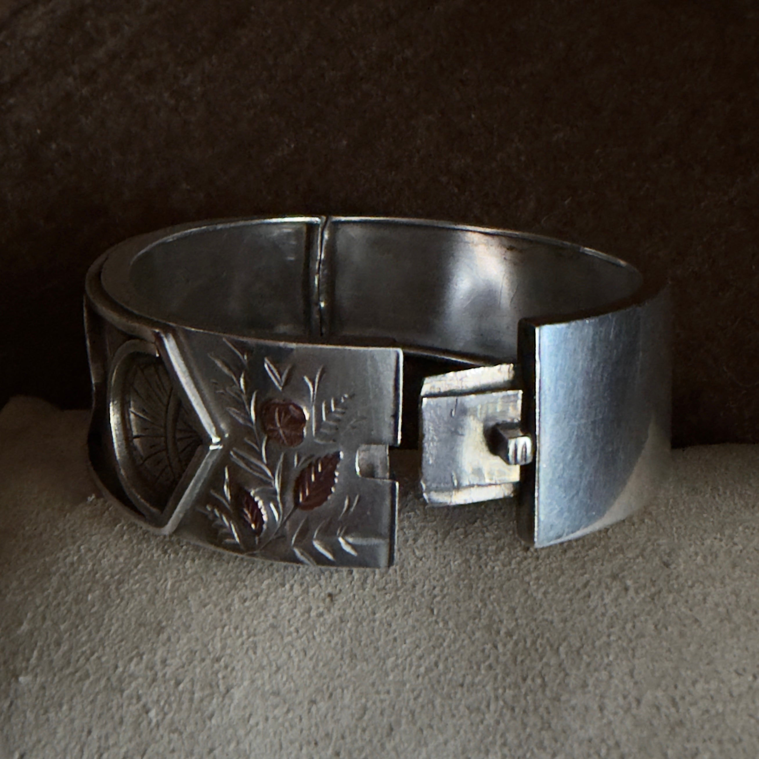 Antique Victorian Silver Floral Motif Bangle Bracelet