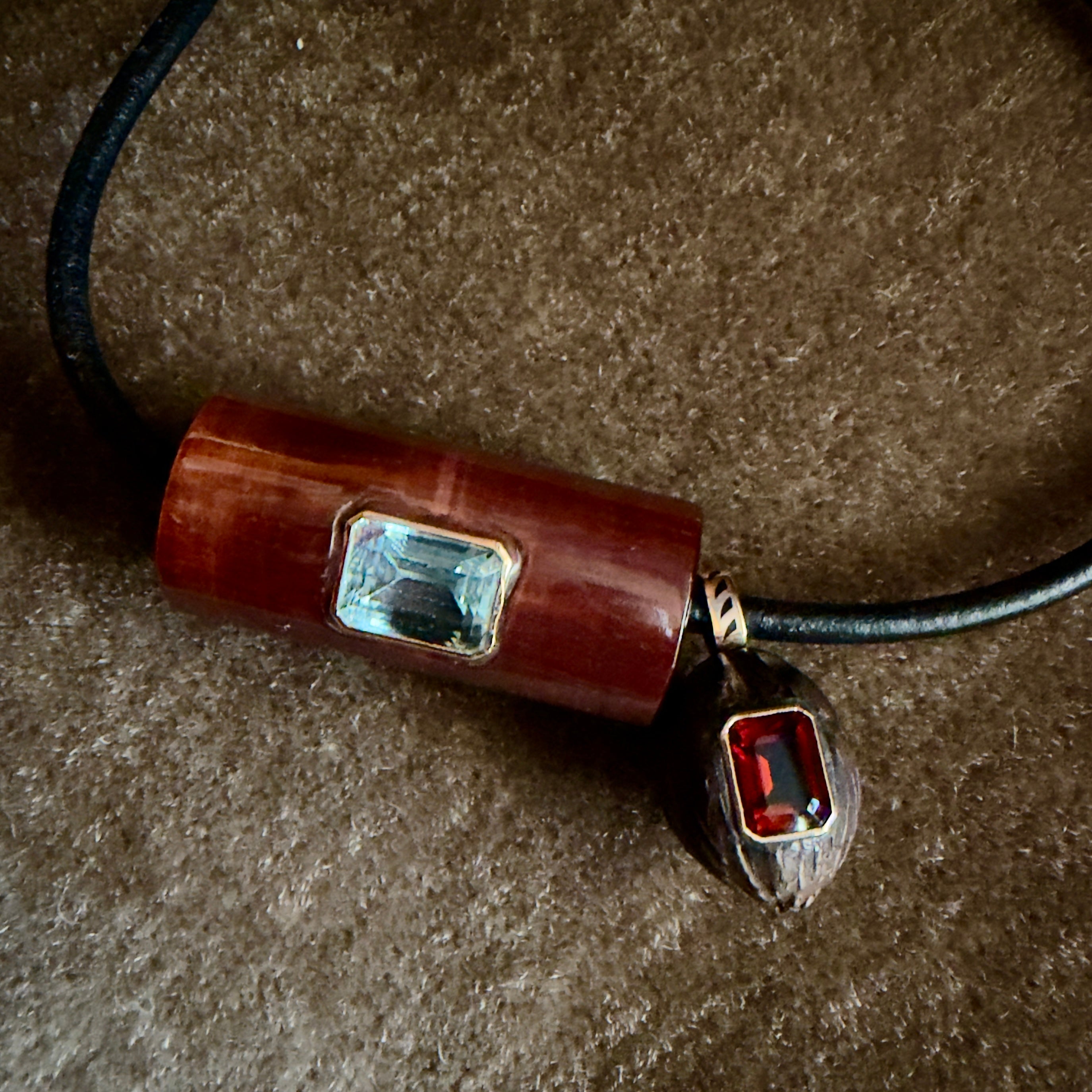 Dezso 18k Long Red Tiger's Eye Bead w/ Emerald Cut Aquamarine