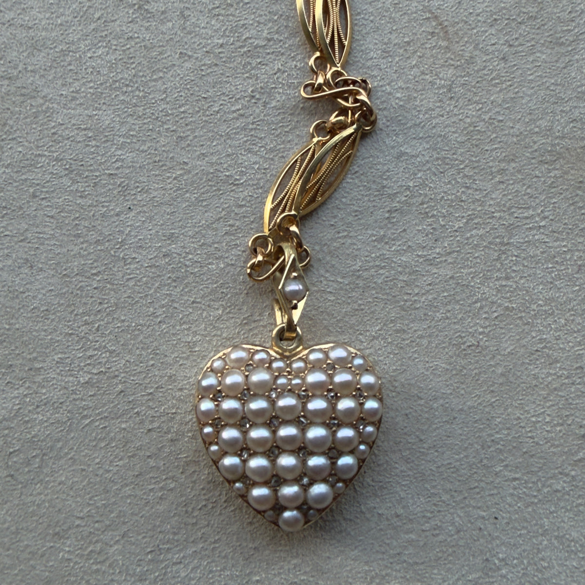 Antique Victorian 15k Natural Pearl and Diamond Pave Heart Pendant