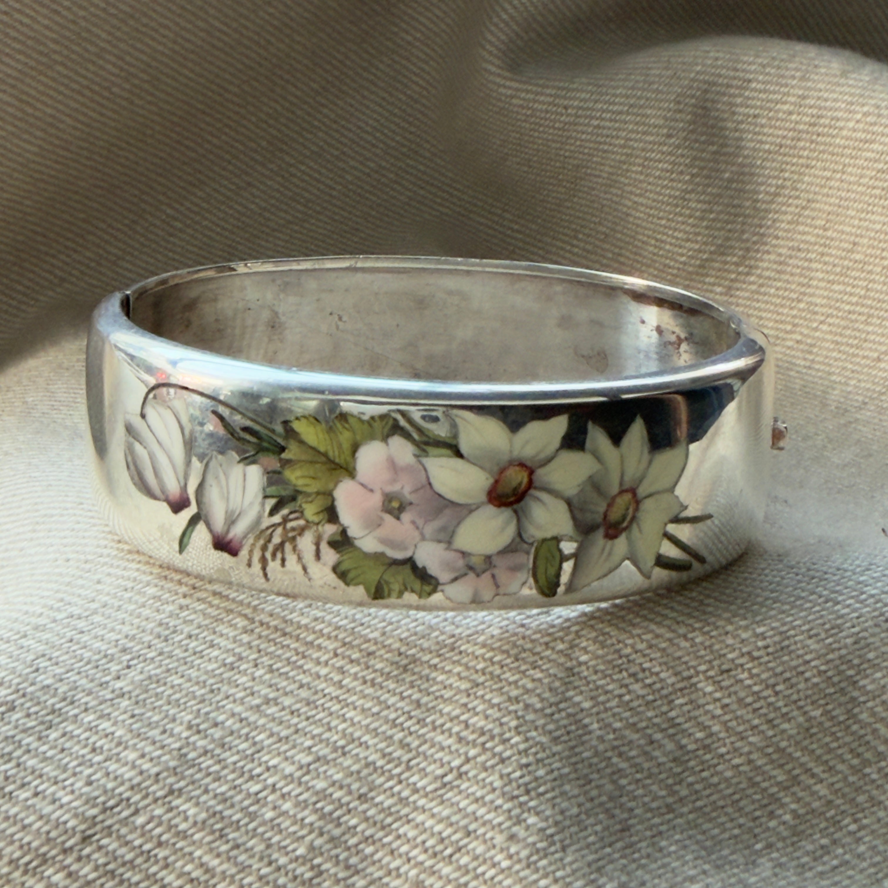 Antique Victorian Sterling Silver Floral Enamel Bangle Bracelet