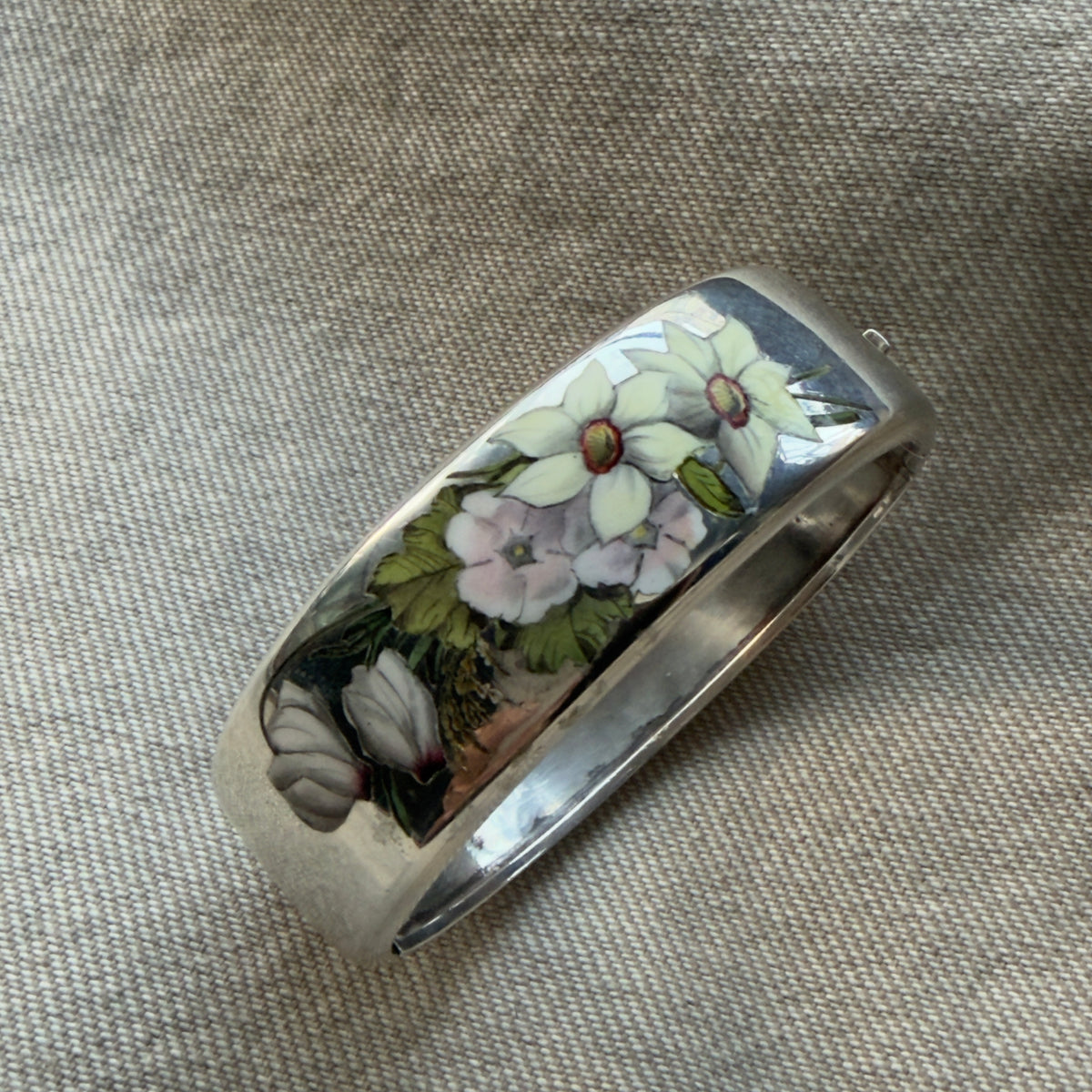 Antique Victorian Sterling Silver Floral Enamel Bangle Bracelet