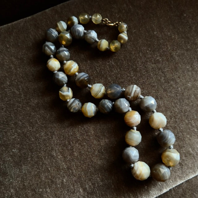 Antique Victorian Faceted Agate Bead Strand Necklace w/ 14k Clasp