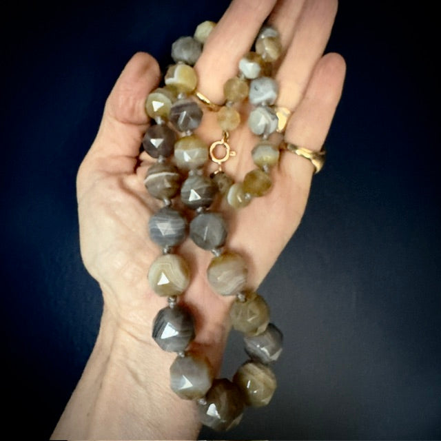Antique Victorian Faceted Agate Bead Strand Necklace w/ 14k Clasp