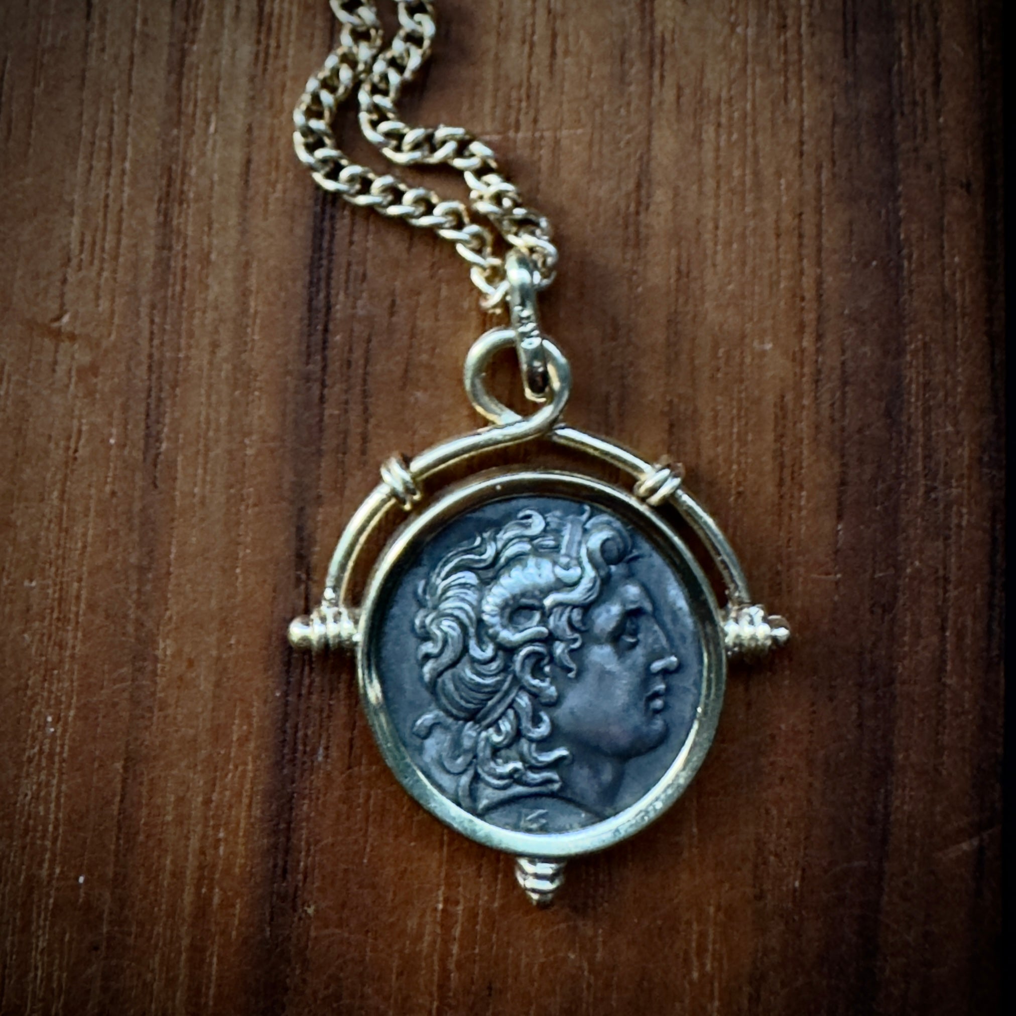 Silver Greek Coin Pendant Set in 18k Mid-Century Setting