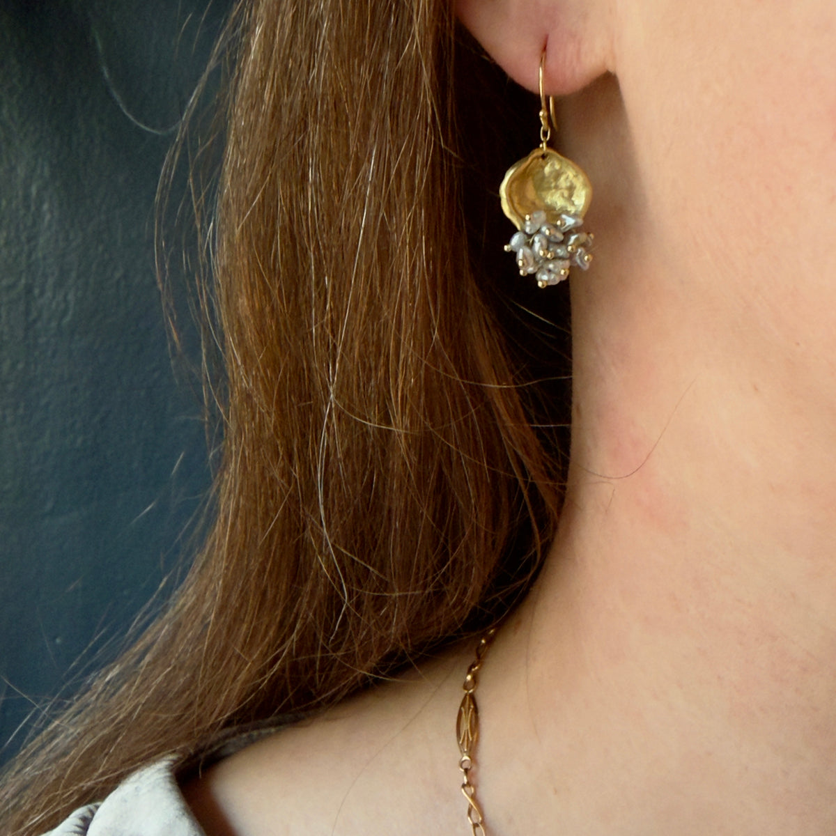 TenThousandThings 18k Cast Oyster Disc w/ Beaded Keshi Cluster Earrings