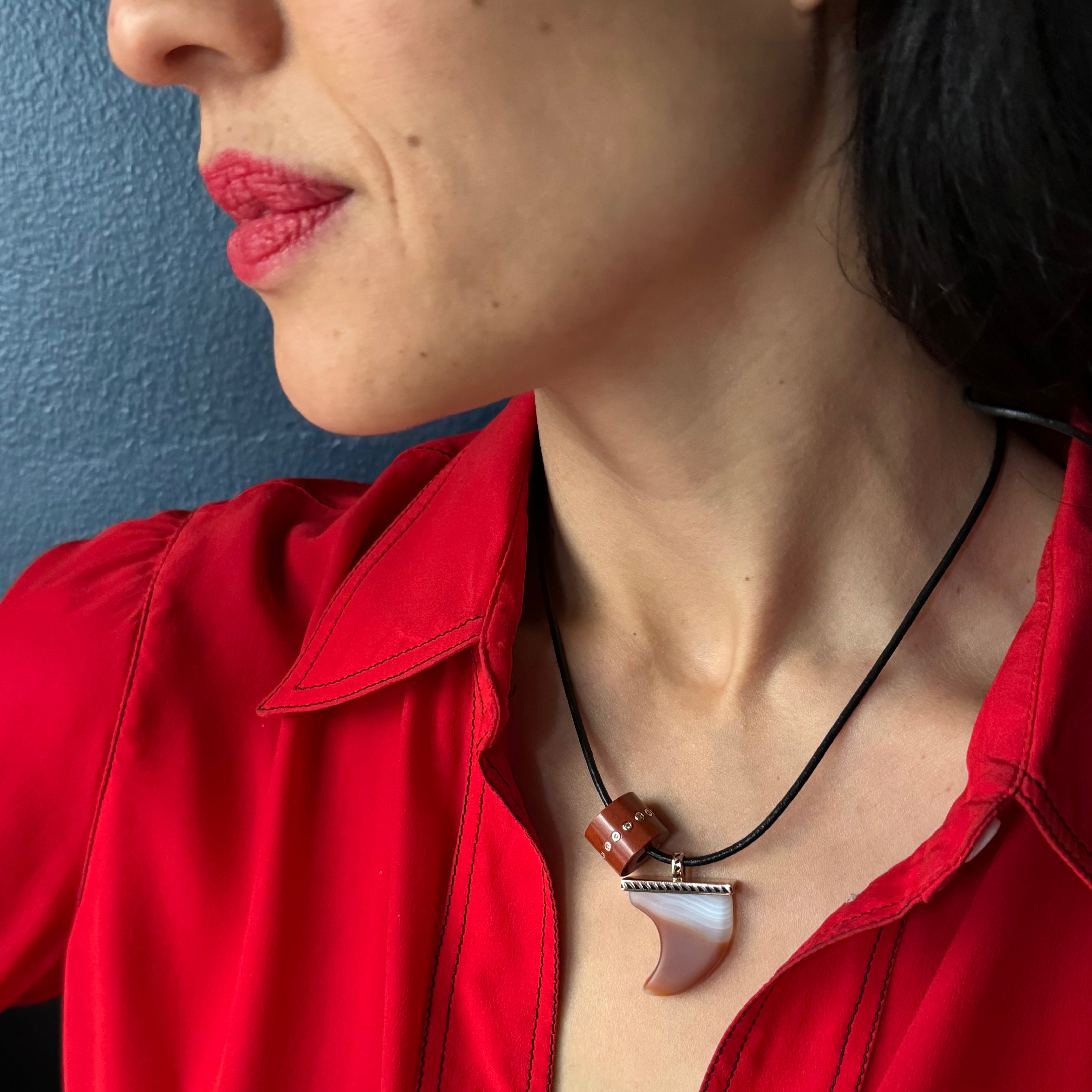 Dezso 18k Black Enamel, Agate Grande Shark Fin Pendant