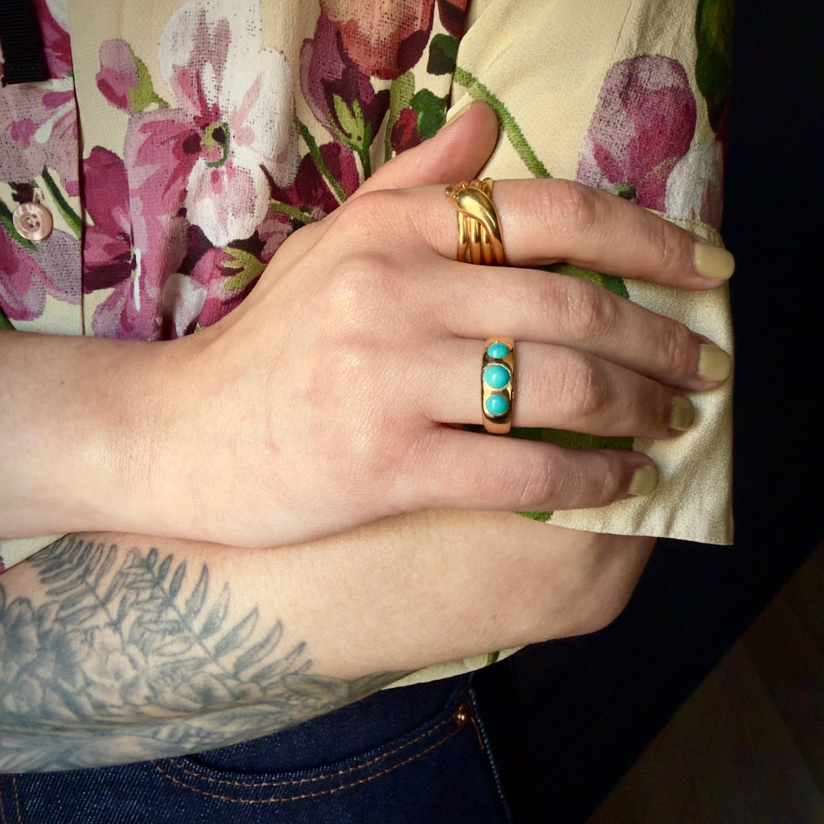 Antique Victorian 18k Three Stone Flush Set Turquoise Ring