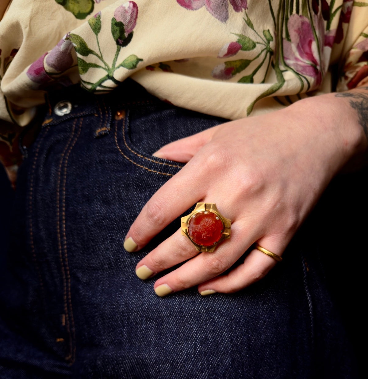 Antique Victorian 14k Carnelian Intaglio with Inset Diamonds Ring