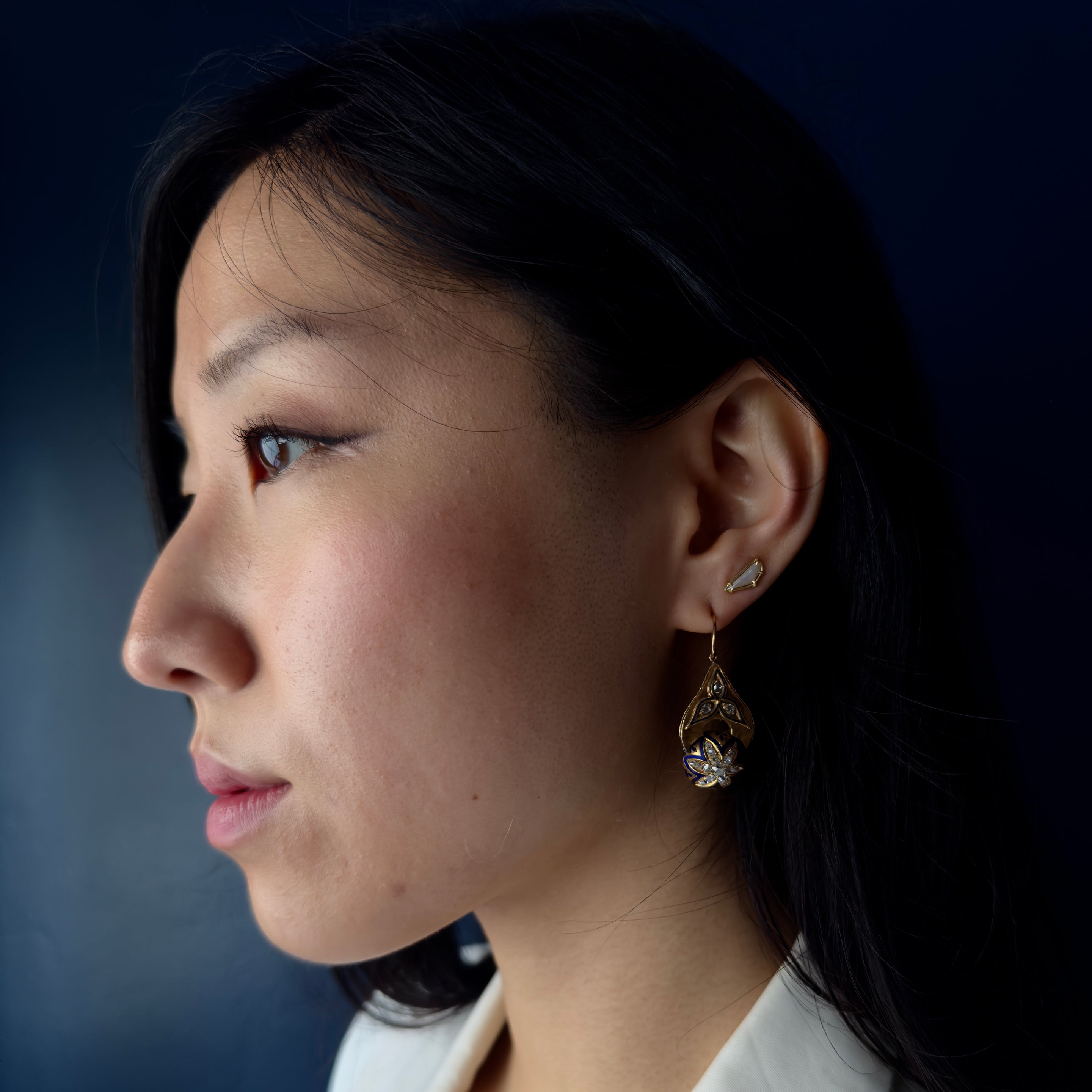 Antique Victorian 14k Diamond Star Motif w/ Blue Enamel Earrings