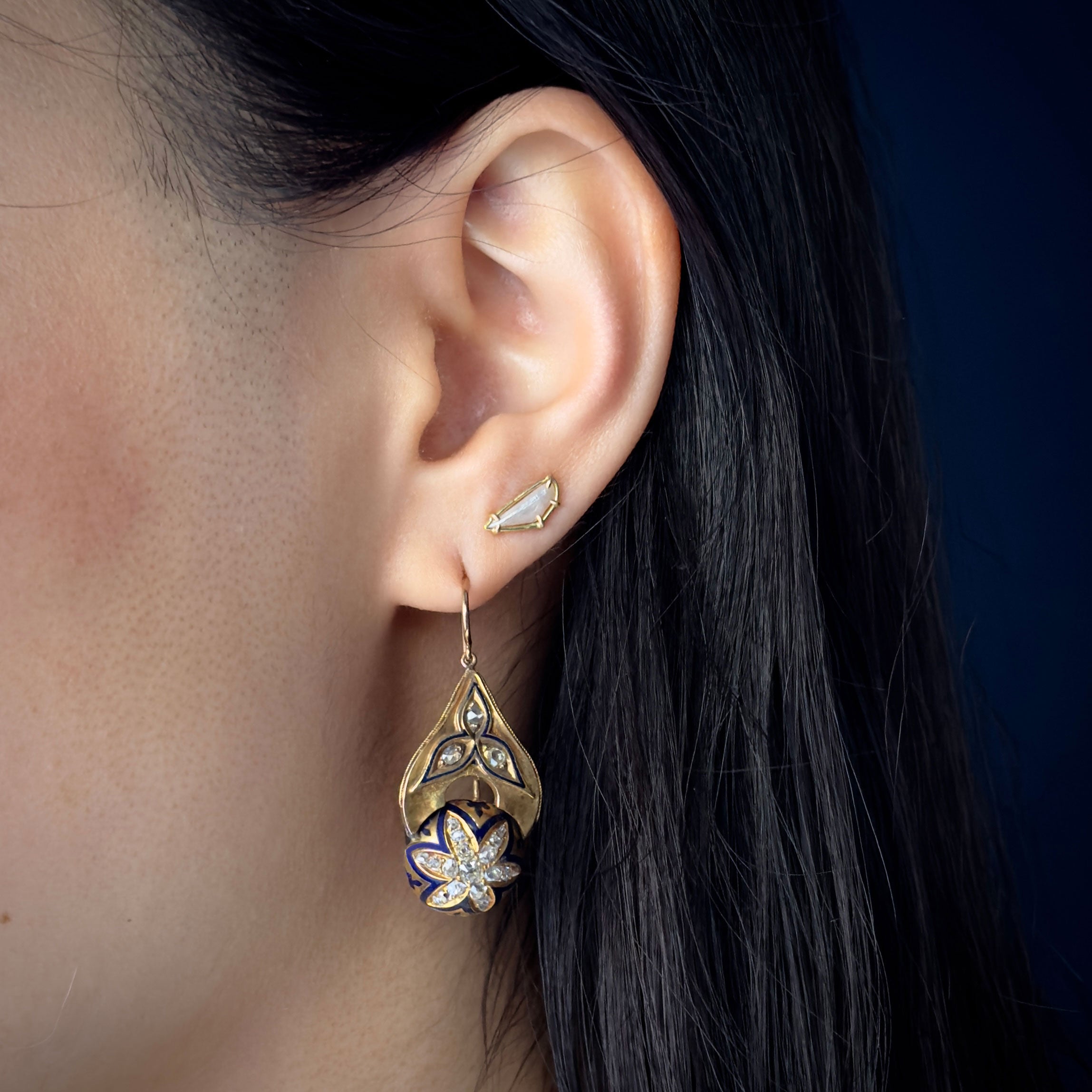 Antique Victorian 14k Diamond Star Motif w/ Blue Enamel Earrings