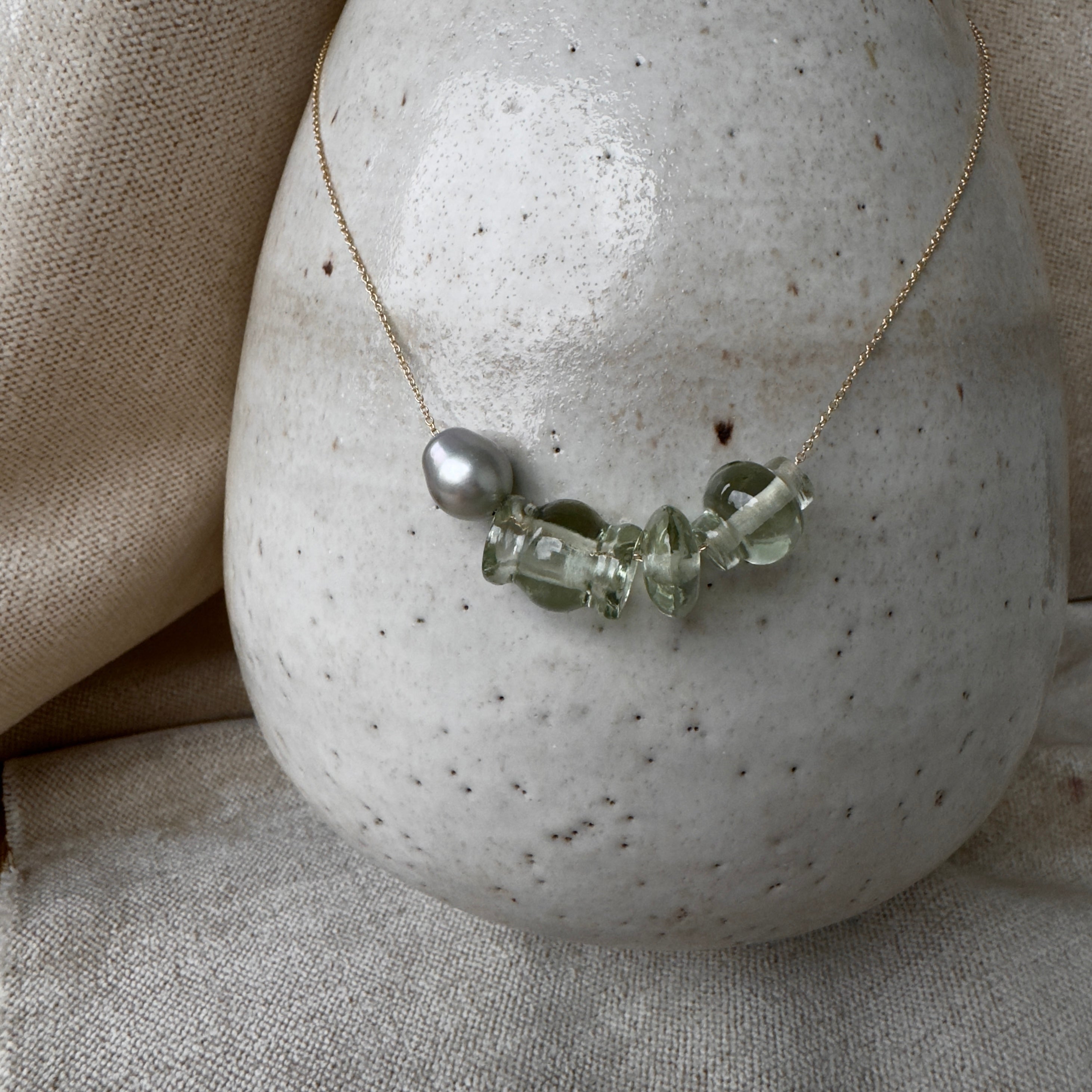 TenThousandThings 18k Tahitian Pearl and Green Amethyst Mini Trade Bead Necklace - 16"