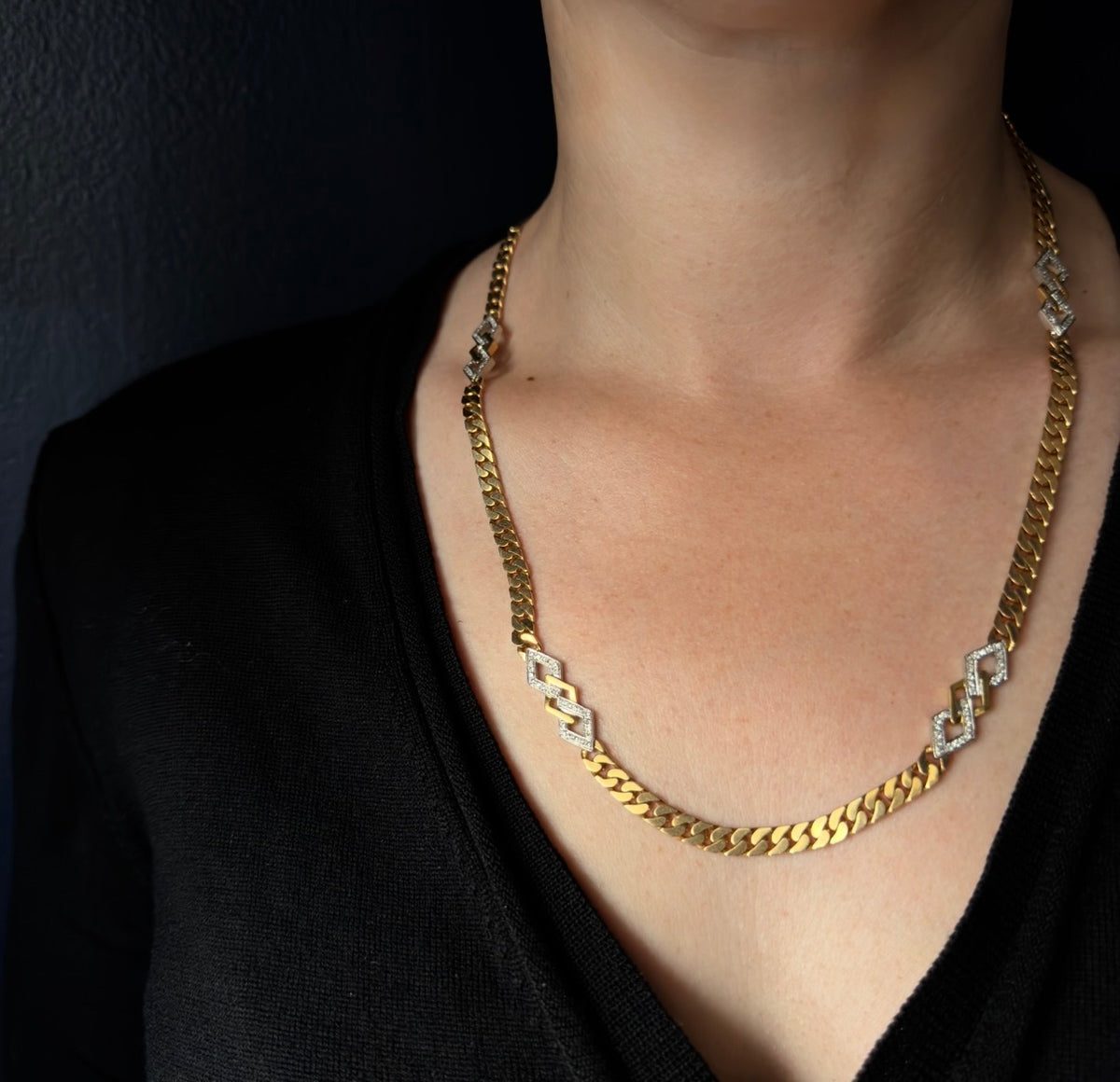 Vintage Mid-Century 18k Flat Curb Chain with Diamond Links - 24"