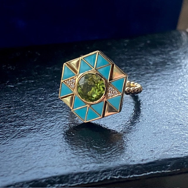 Harwell Godfrey 18k Inlay Turquoise / Peridot Evil Eye Ring